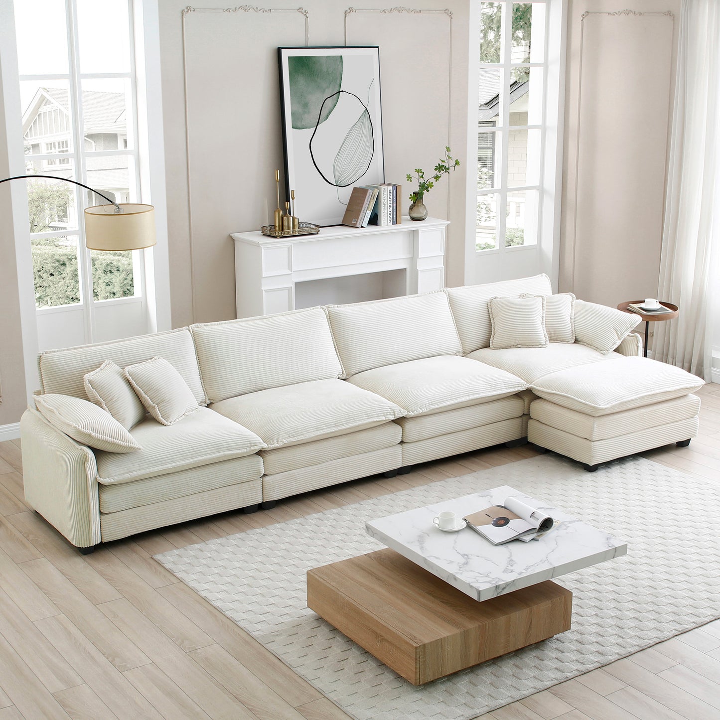 Corduroy Sofa Modern Upholstered 4 Seater with with 1 Footstool Corduroy Fabric Sofa , Office Living Room Apartment Comfort Sofa, Easy to Assemble with 2 Arm Pillows and 4 Throw Pillows