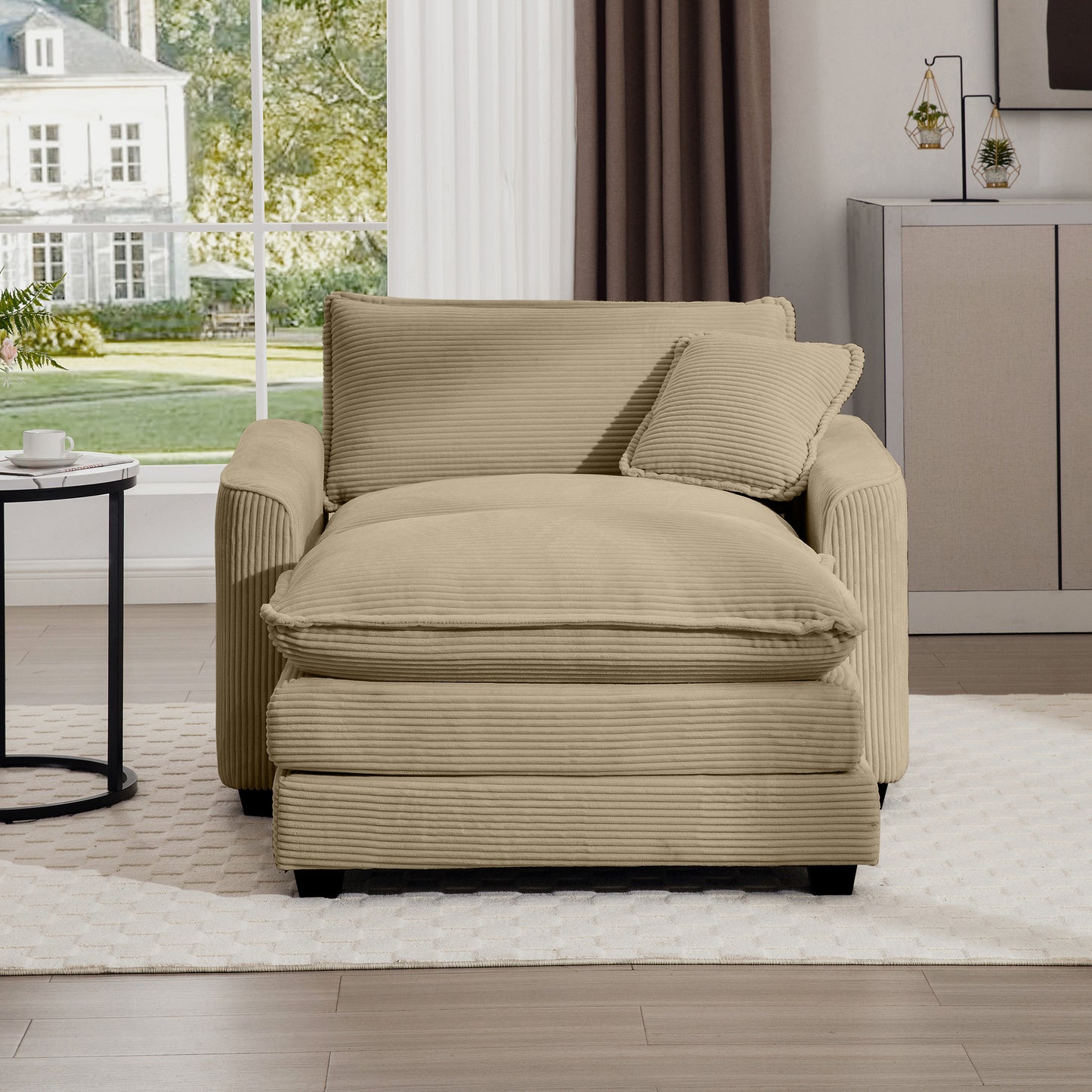 Tan Corduroy Sofa with Footstool - Classic Comfort