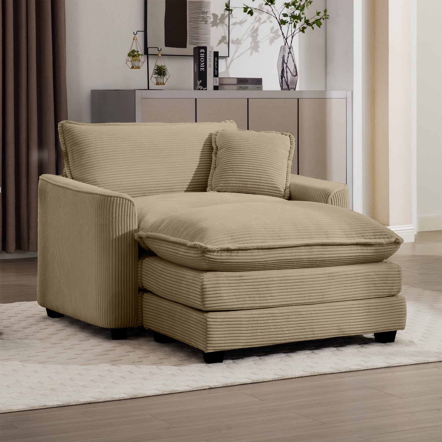 Tan Corduroy Sofa with Footstool - Classic Comfort