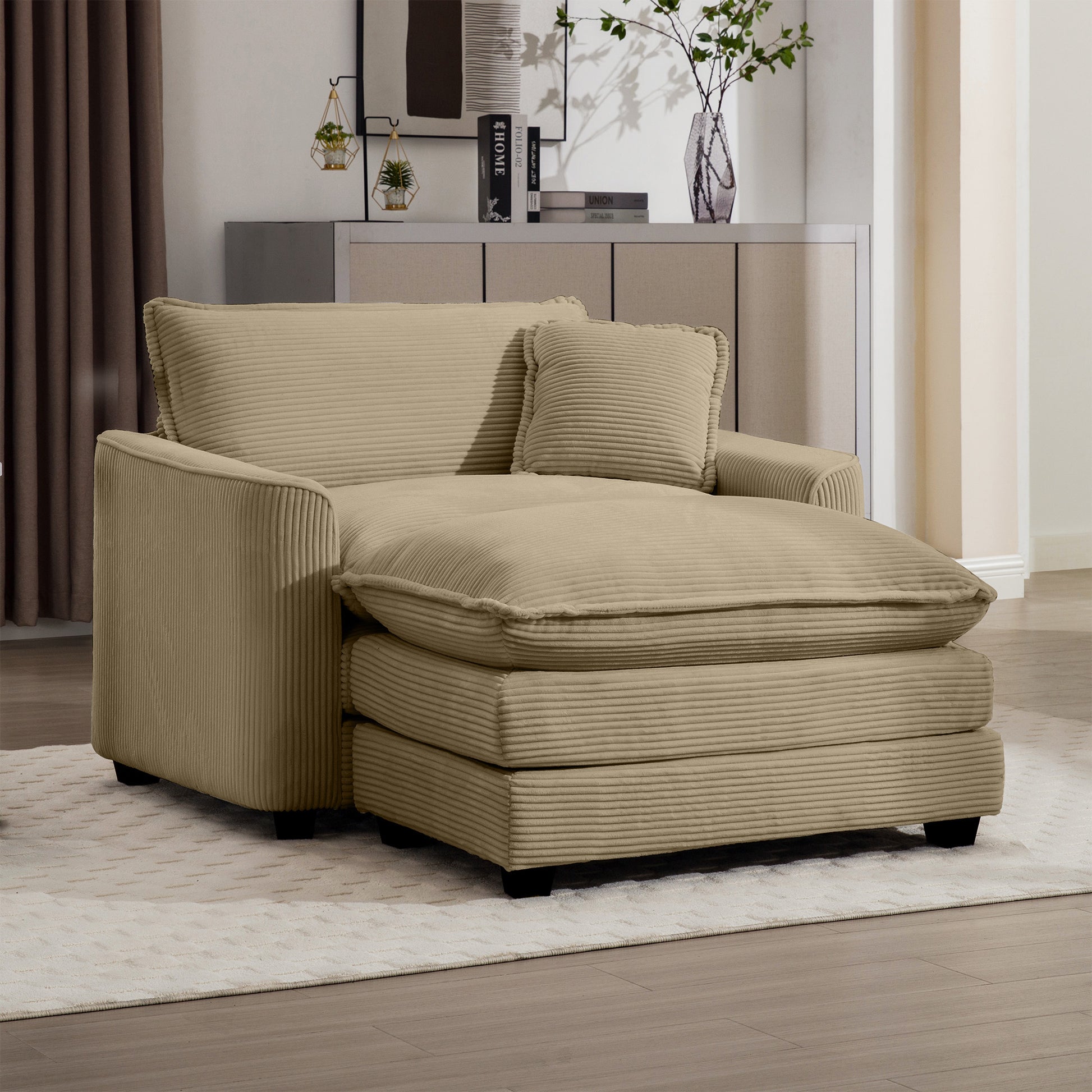 Tan Corduroy Sofa with Footstool - Classic Comfort