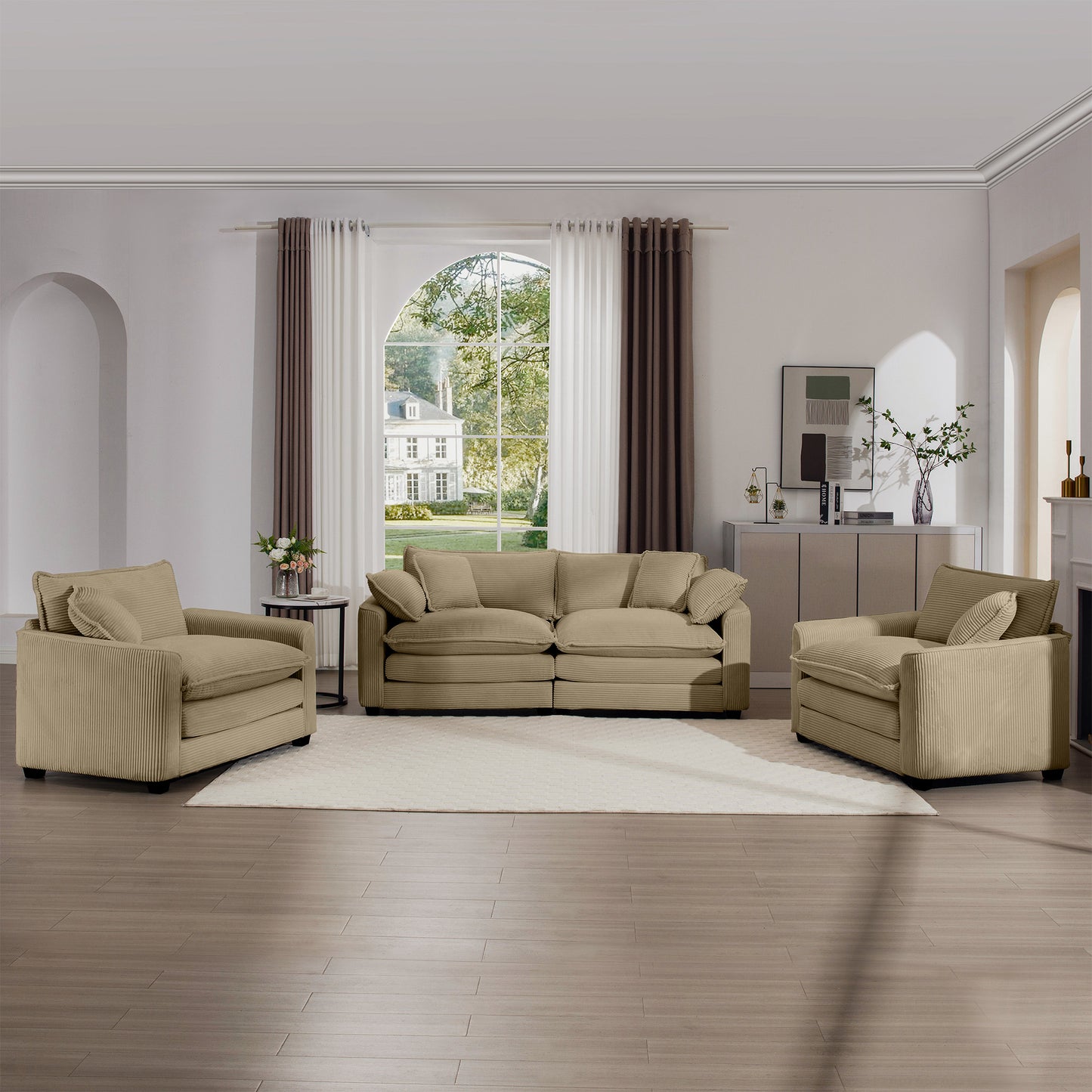 Tan Corduroy Sofa Set - 4 Seat Comfort for Living Room