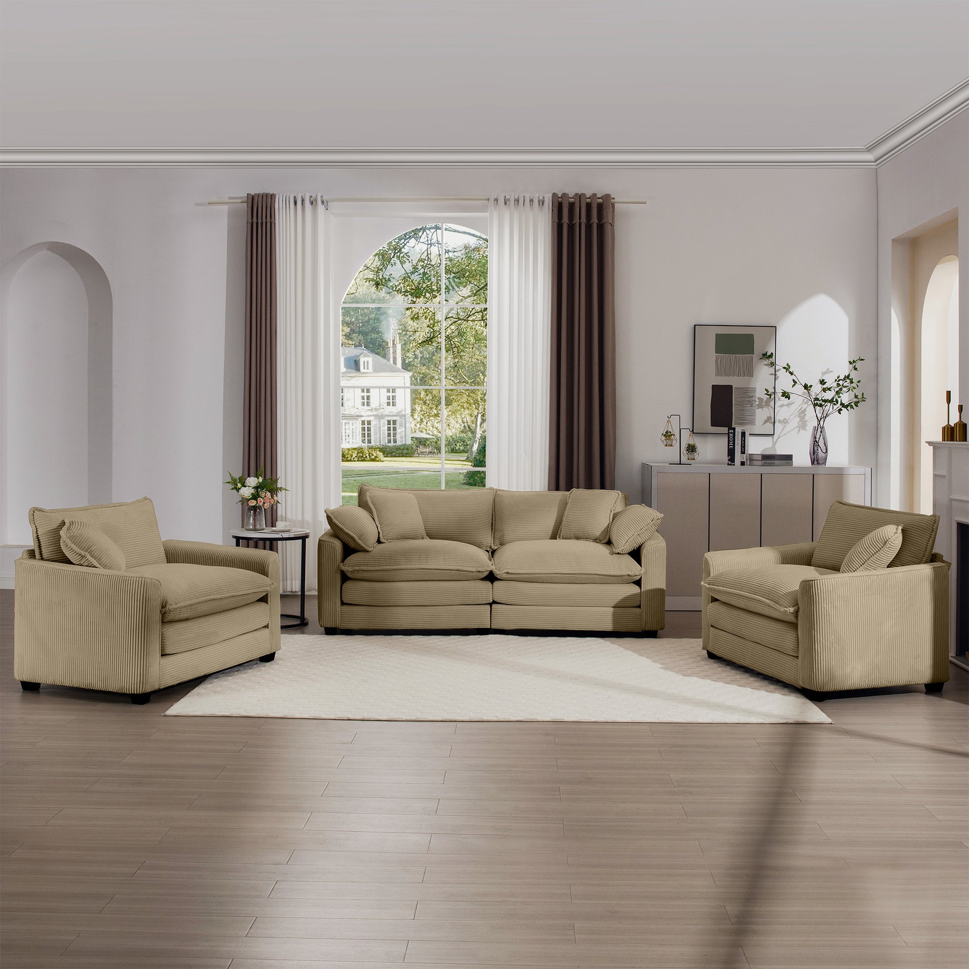 Tan Corduroy Sofa Set - 4 Seat Comfort for Living Room
