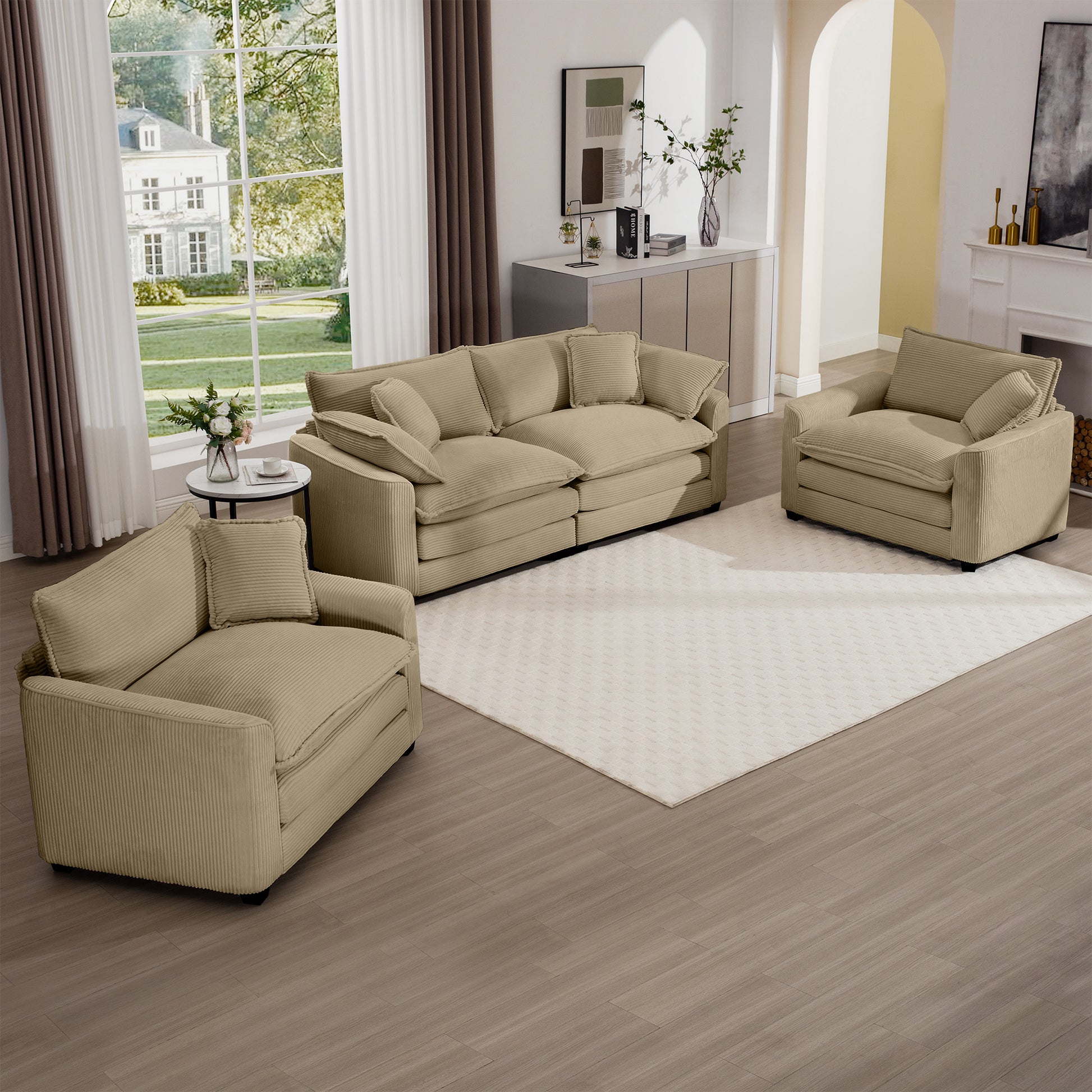Tan Corduroy Sofa Set - 4 Seat Comfort for Living Room
