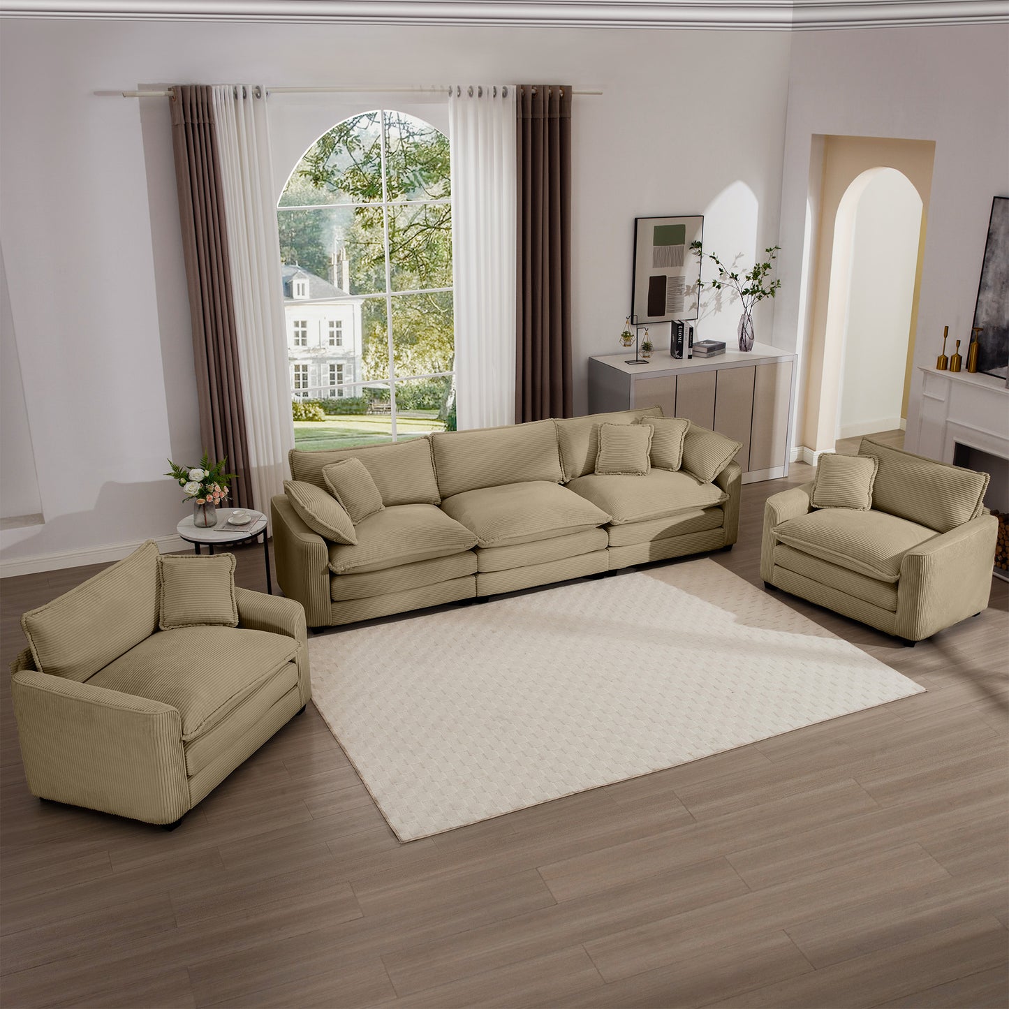 Tan Corduroy Sofa Set - 5 Seat Comfort, Stylish Design for Living Room