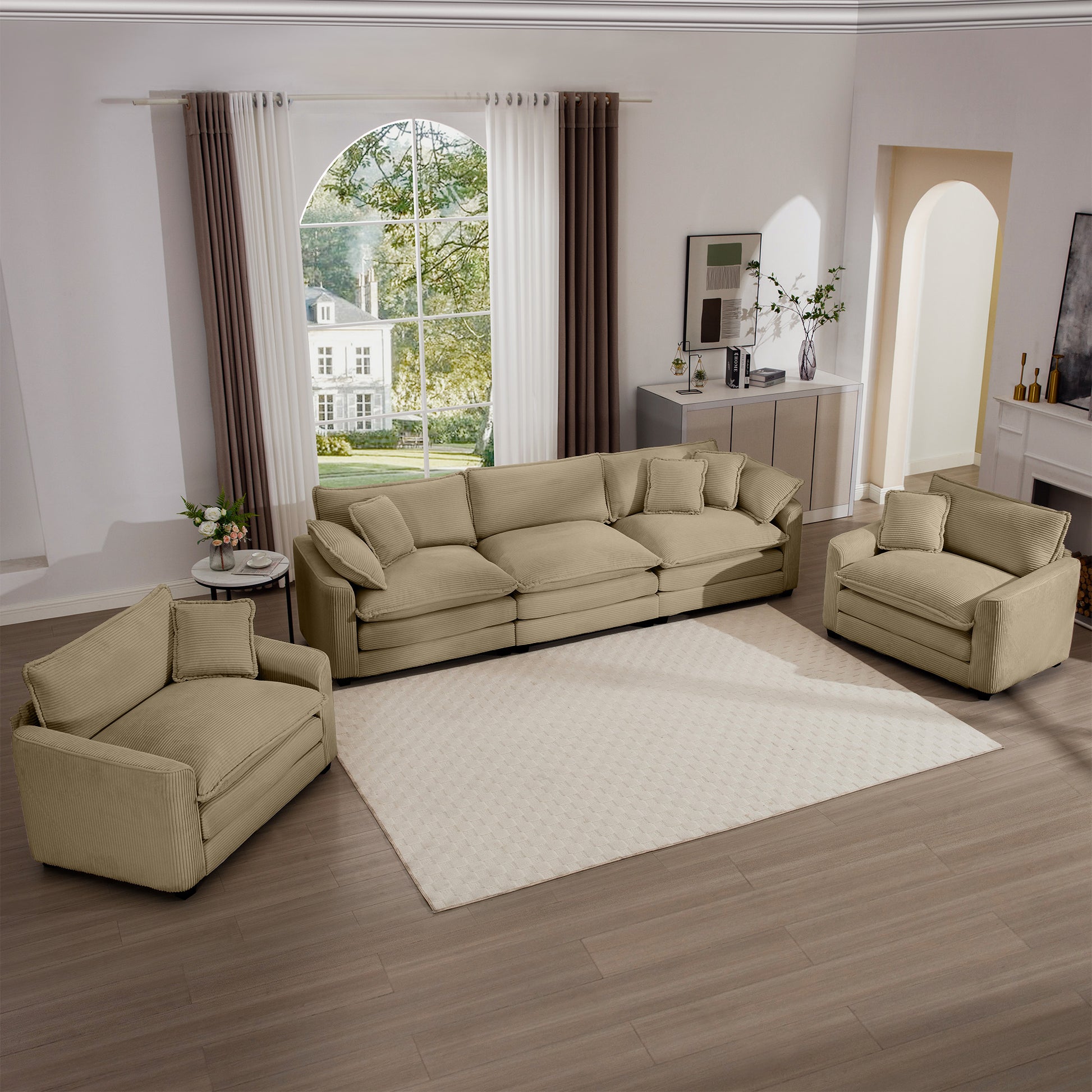 Tan Corduroy Sofa Set - 5 Seat Comfort, Stylish Design for Living Room
