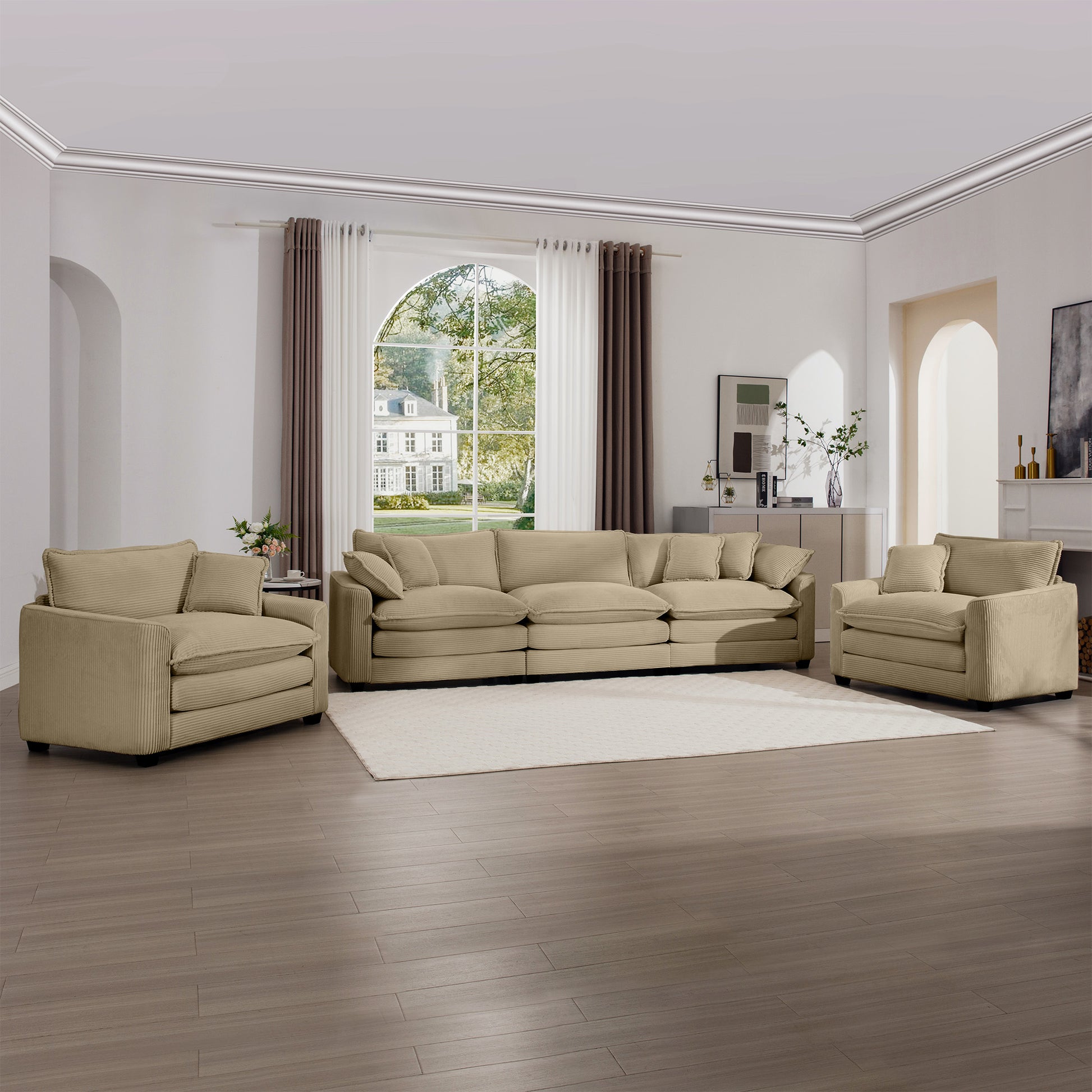 Tan Corduroy Sofa Set - 5 Seat Comfort, Stylish Design for Living Room