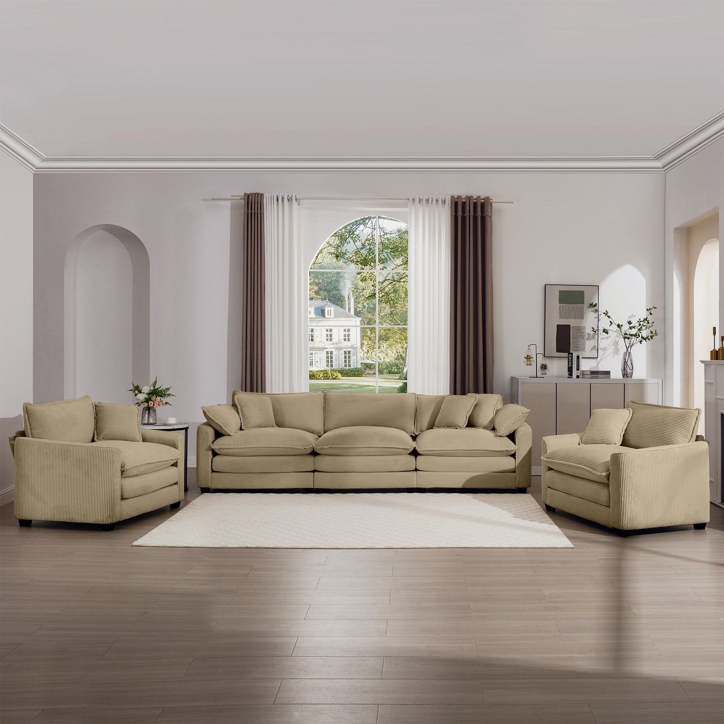 Tan Corduroy Sofa Set - 5 Seat Comfort, Stylish Design for Living Room