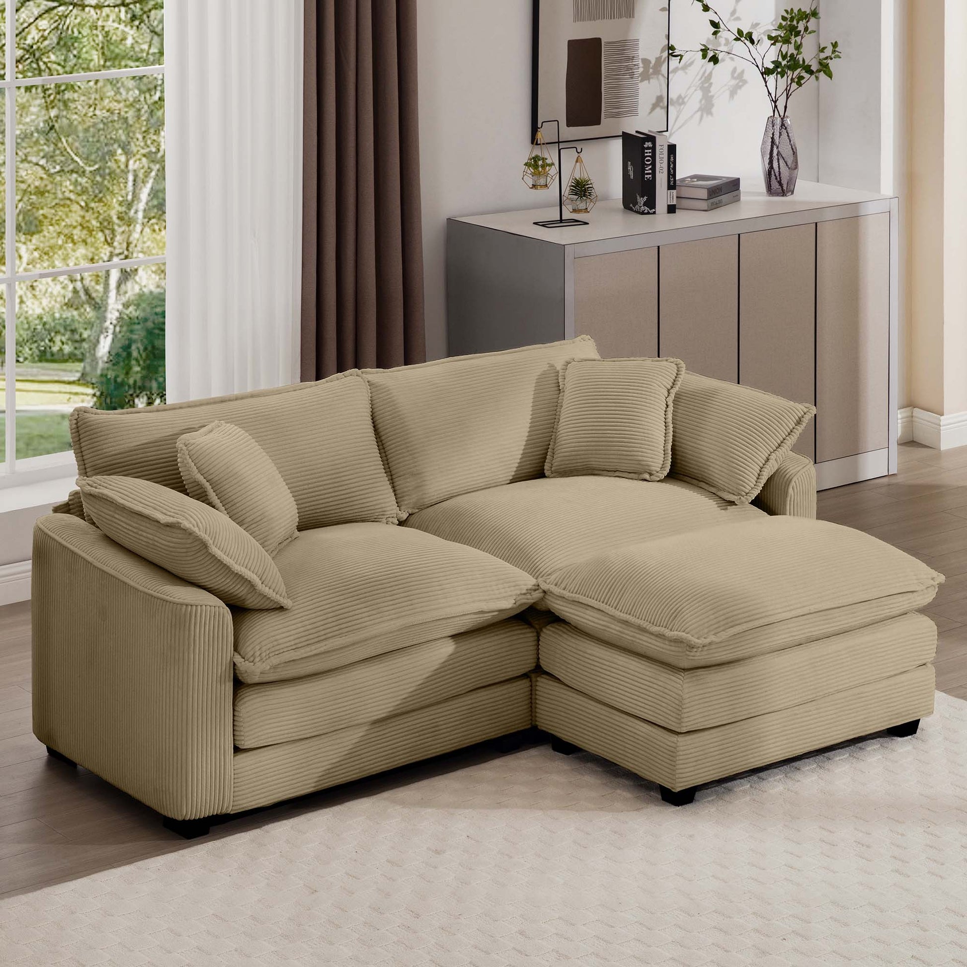 Corduroy Two-Seater Sofa  with 1 Footrest, L-Shaped 2-Seater Sofa with Ottoman for Small Living Spaces, Tan Corduroy Sofa