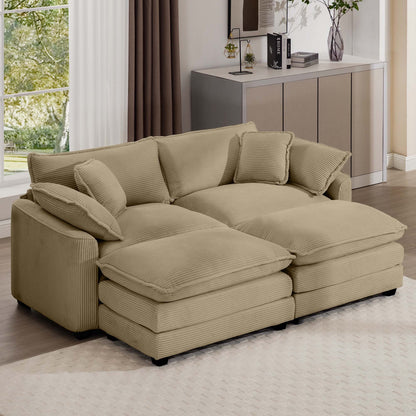 Corduroy Two-Seater Sofa  with 2 Footrest, 2-Seater Sofa with Ottoman for Small Living Spaces, Tan Corduroy Sofa