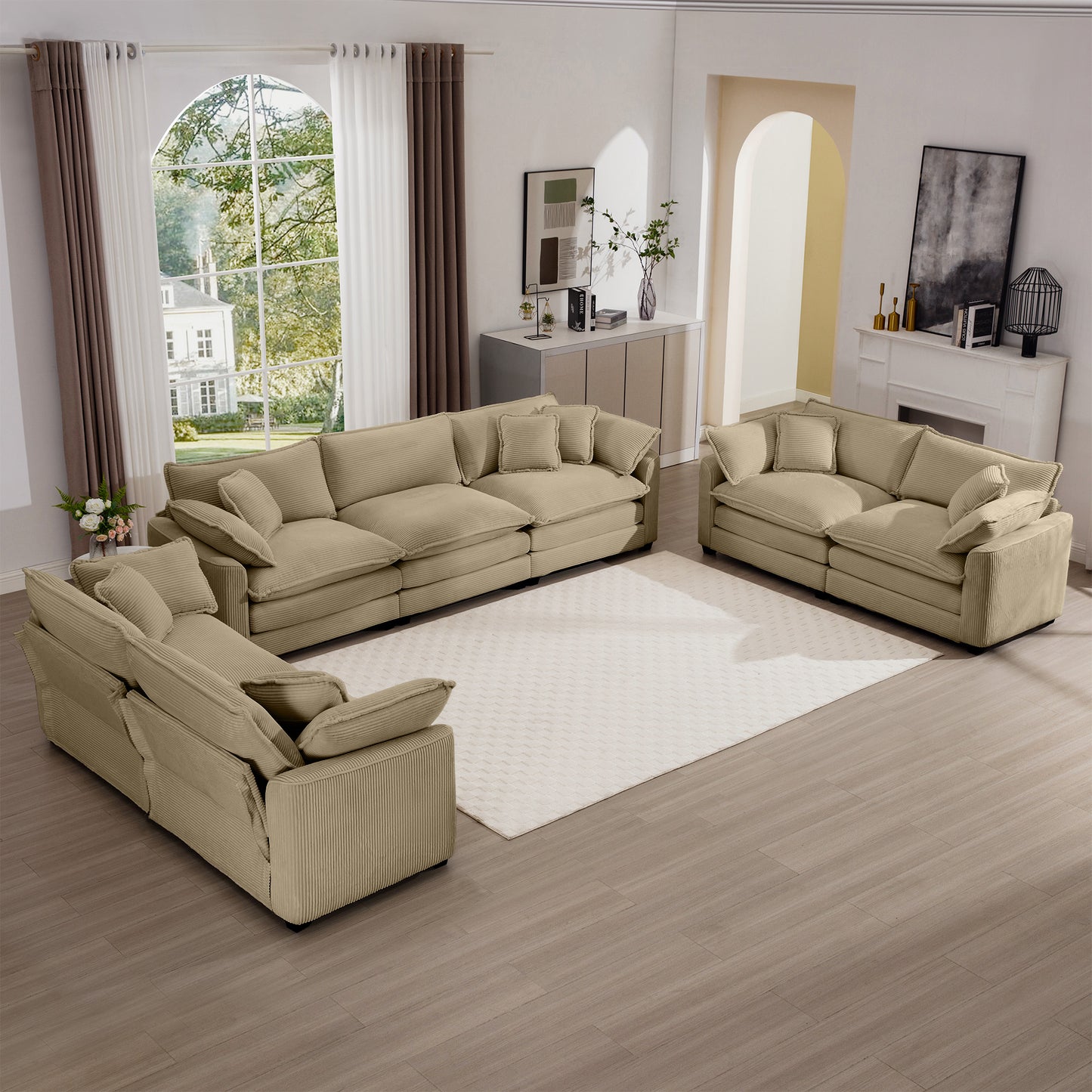 7 Seat Tan Corduroy Sofa Set - Classic Modern Sofa for Living Room
