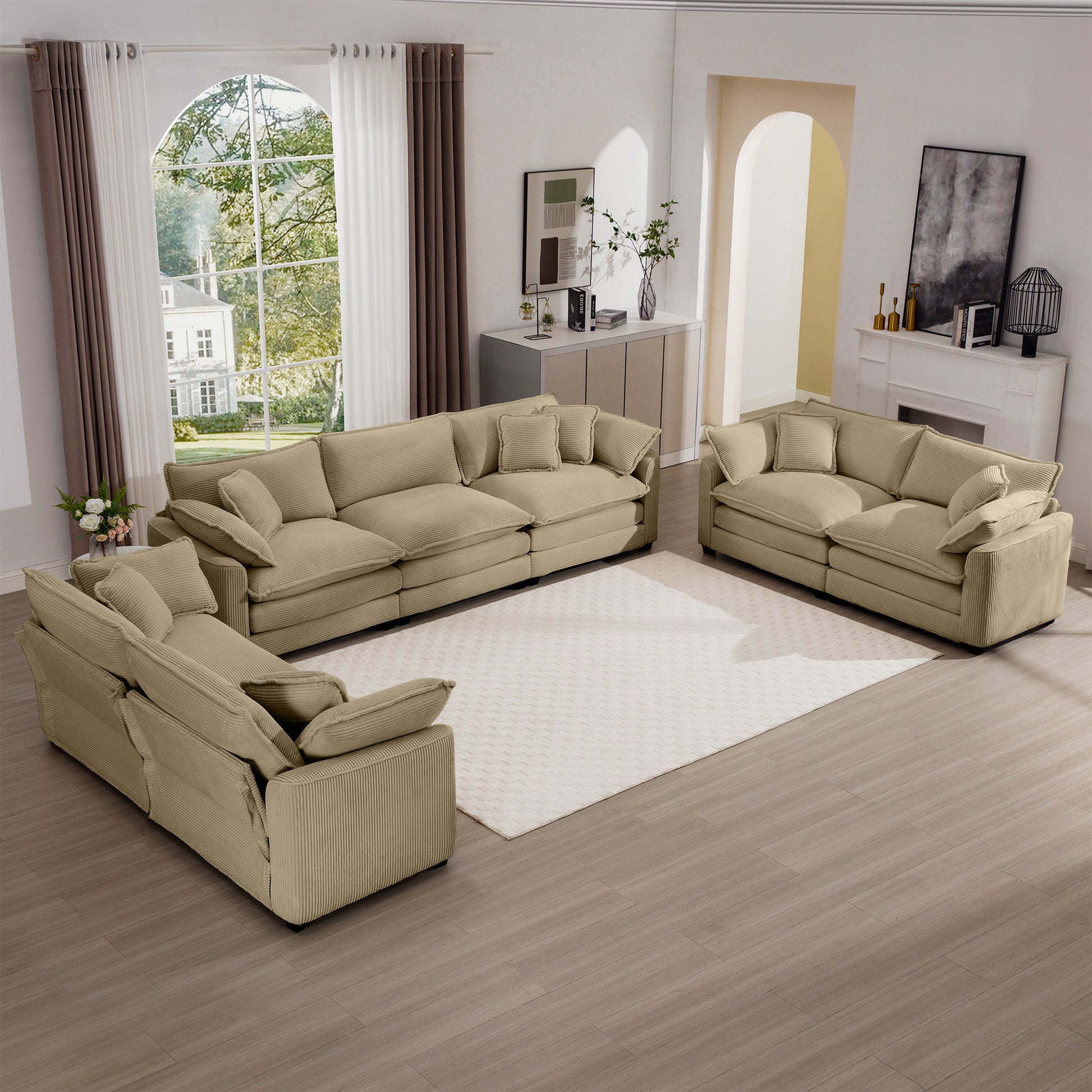 7 Seat Tan Corduroy Sofa Set - Classic Modern Sofa for Living Room