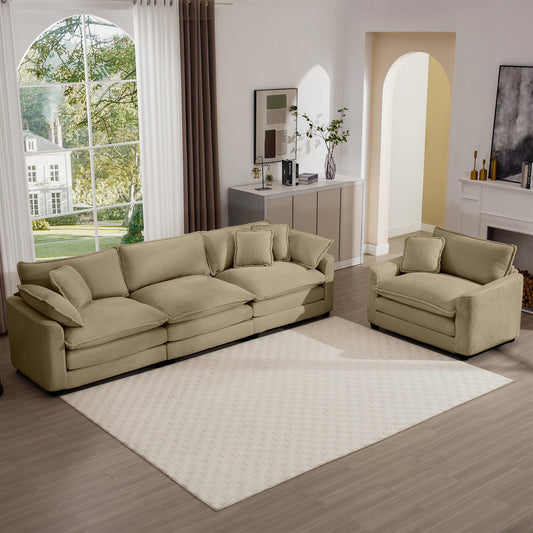 Mid-Century Modern Sectional Set of Two, One 3-Seater Sectional and One Single-Seater Sectional with 2 Arm Pillows and 4 Throw Pillows, Living Room Sectional Tan Corduroy Fabric