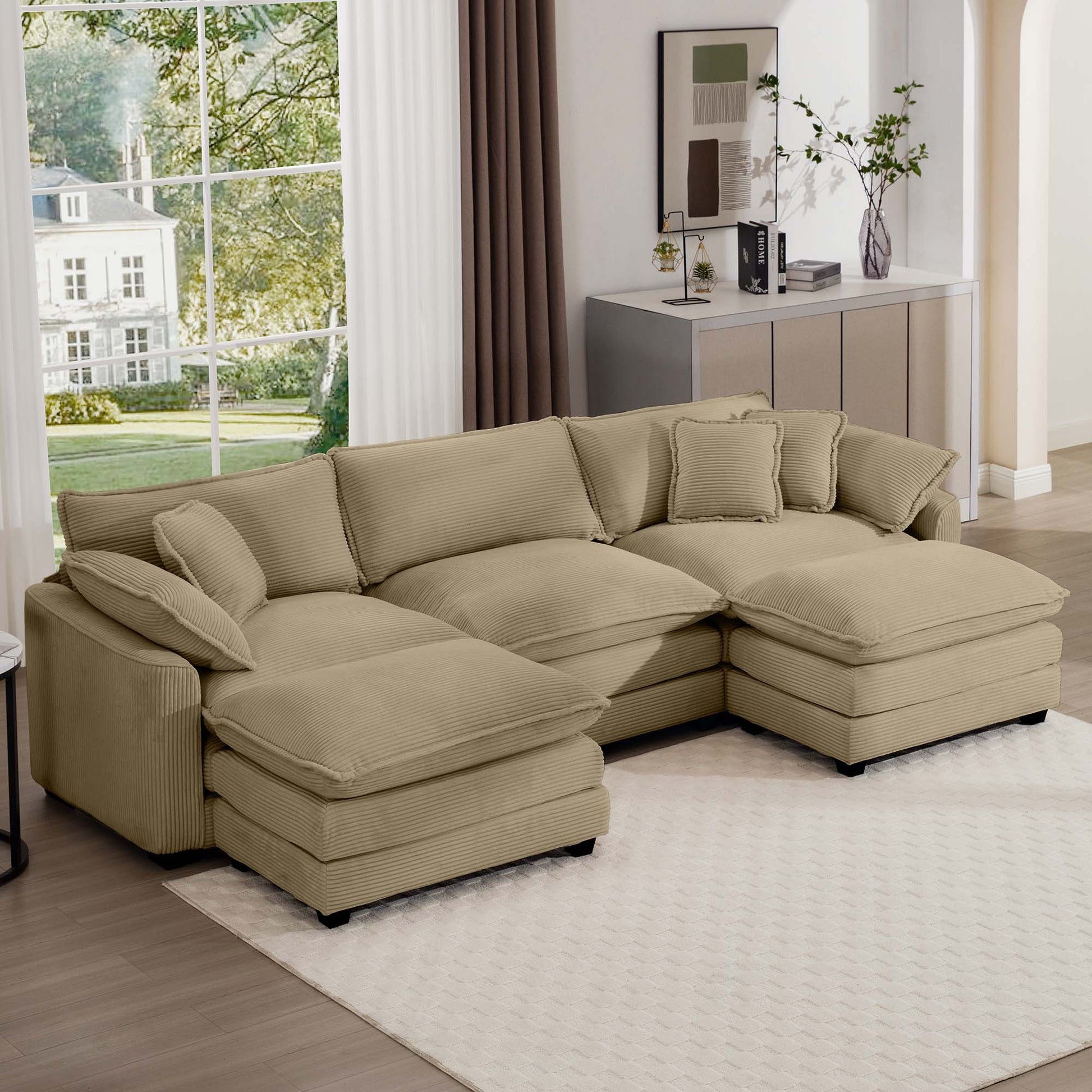 Oversized Modular Cushion Sofa, Portable Ottoman, L-Shaped Corner Low Back Deep Seating Spacious Sofa Set and Sofa Bed for Home Apartment Living Room Set, Tan Corduroy