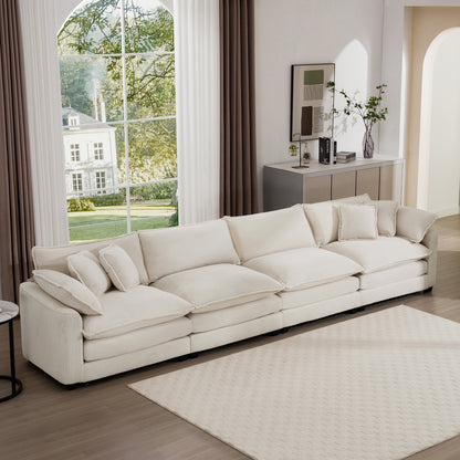 Modern Upholstered 4 Seater Fabric Sofa with Comfortable Back Cushions, Seat Cushions and Pillows, Light Beige Corduroy Sofa ,