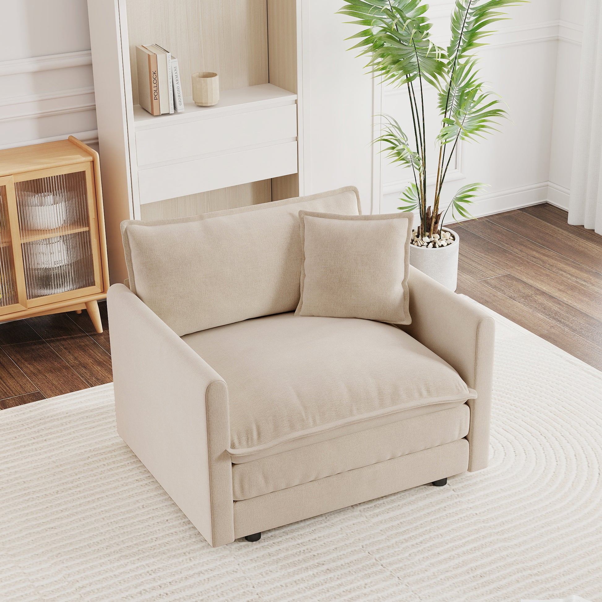 Comfy Deep Single Seat Sofa Upholstered Reading Armchair Living Room Chair light coffee Chenille Fabric , 1 Toss Pillow