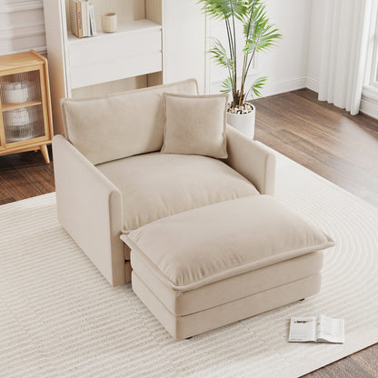 Modern Accent Chair with Ottoman, Living Room Club Chair Chenille Upholstered Armchair , Reading Chair for Bedroom, Light Coffee Chenille