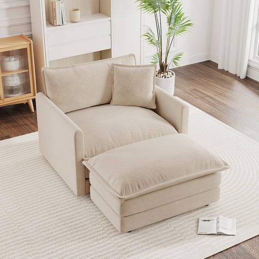 Modern Accent Chair with Ottoman, Living Room Club Chair Chenille Upholstered Armchair , Reading Chair for Bedroom, Light Coffee Chenille