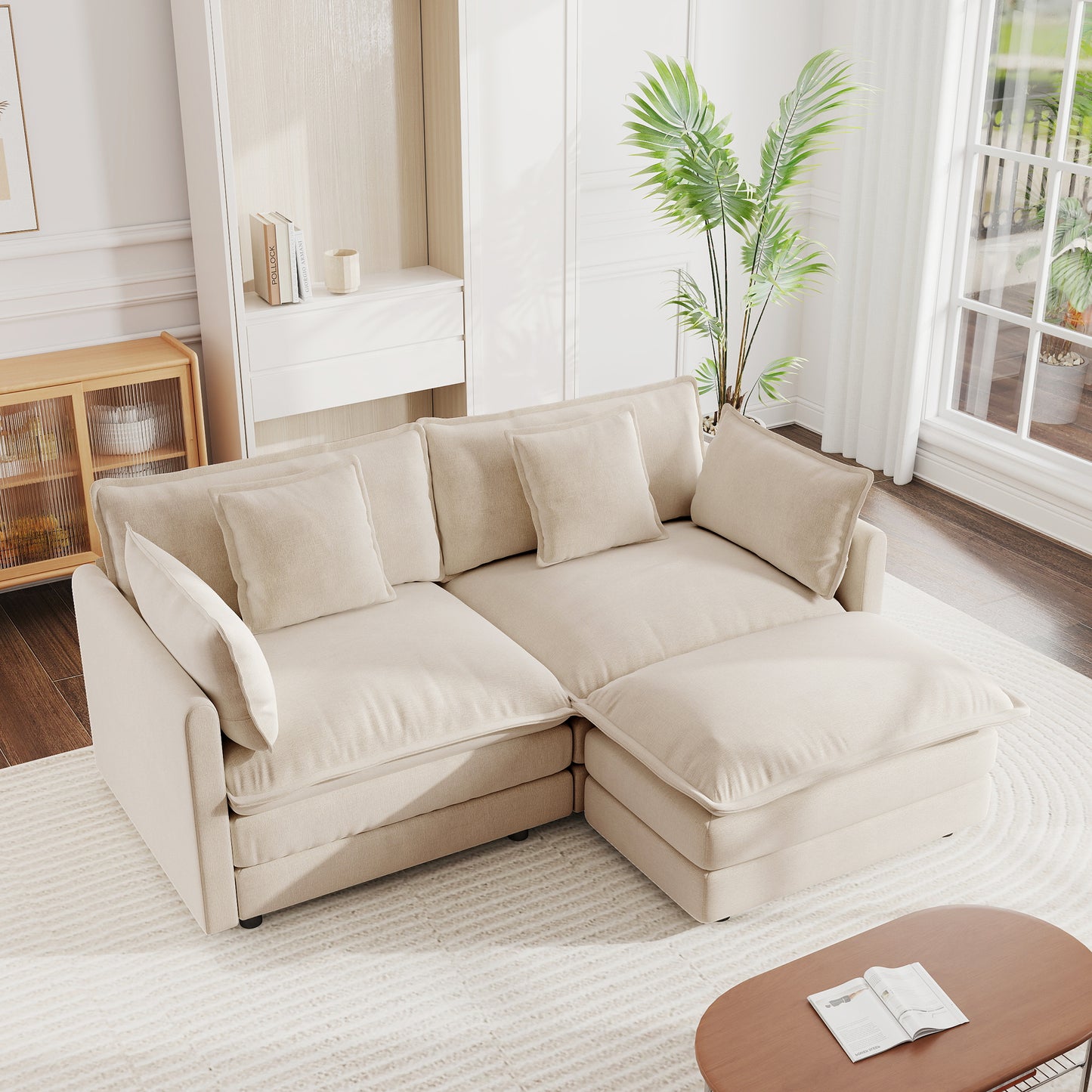 Chenille Two-Seater Sofa with 1 Footrest, 2 Seater L-Shaped Sectional with Ottoman,Loveseat with Ottoman for Small Living Space, Light Coffee Chenille