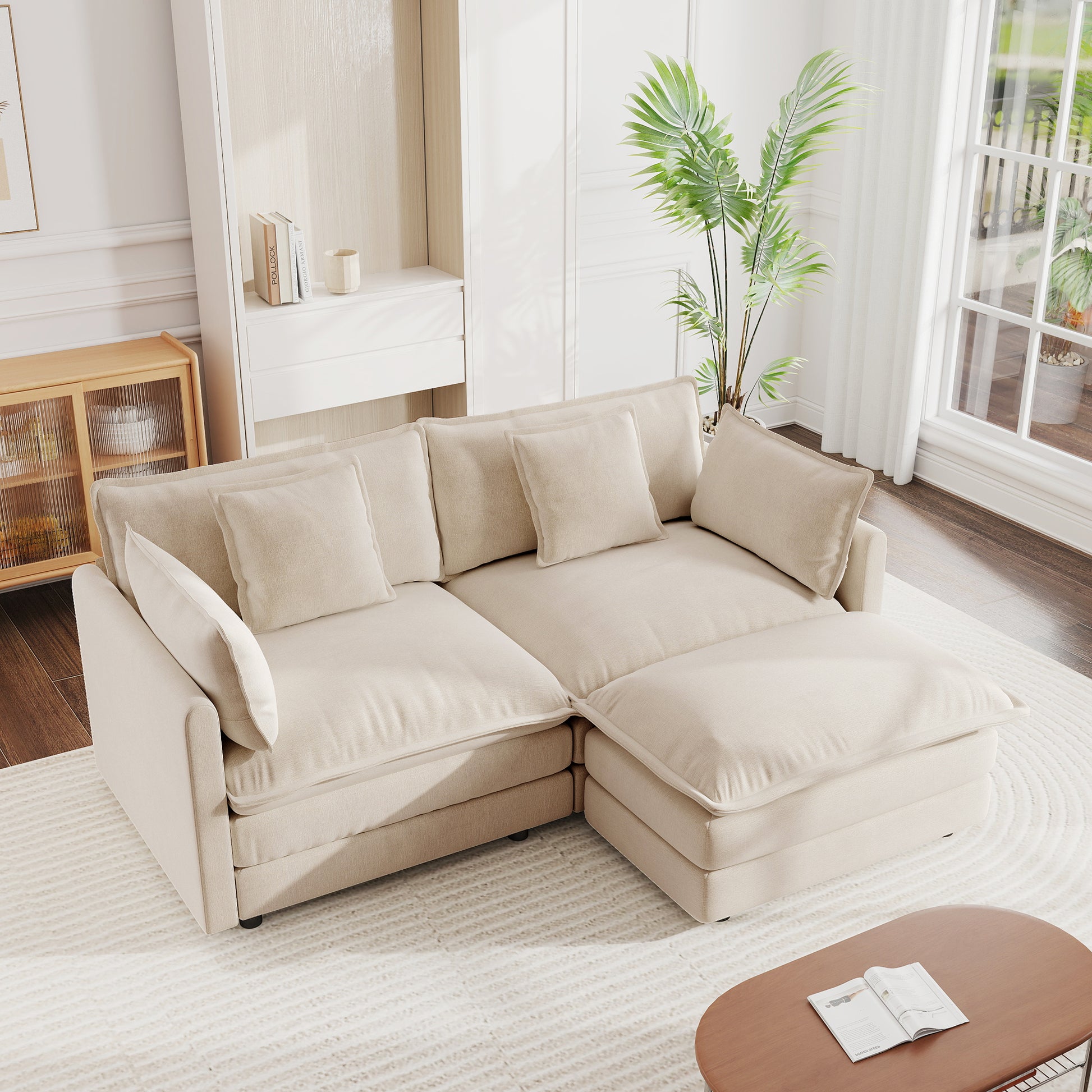 Chenille Two-Seater Sofa with 1 Footrest, 2 Seater L-Shaped Sectional with Ottoman,Loveseat with Ottoman for Small Living Space, Light Coffee Chenille