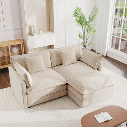 Chenille Two-Seater Sofa with 1 Footrest, 2 Seater L-Shaped Sectional with Ottoman,Loveseat with Ottoman for Small Living Space, Light Coffee Chenille