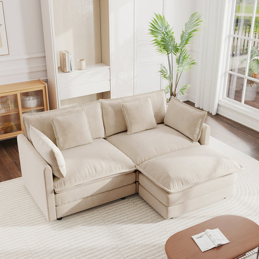 Chenille Two-Seater Sofa with 1 Footrest, 2 Seater L-Shaped Sectional with Ottoman,Loveseat with Ottoman for Small Living Space, Light Coffee Chenille