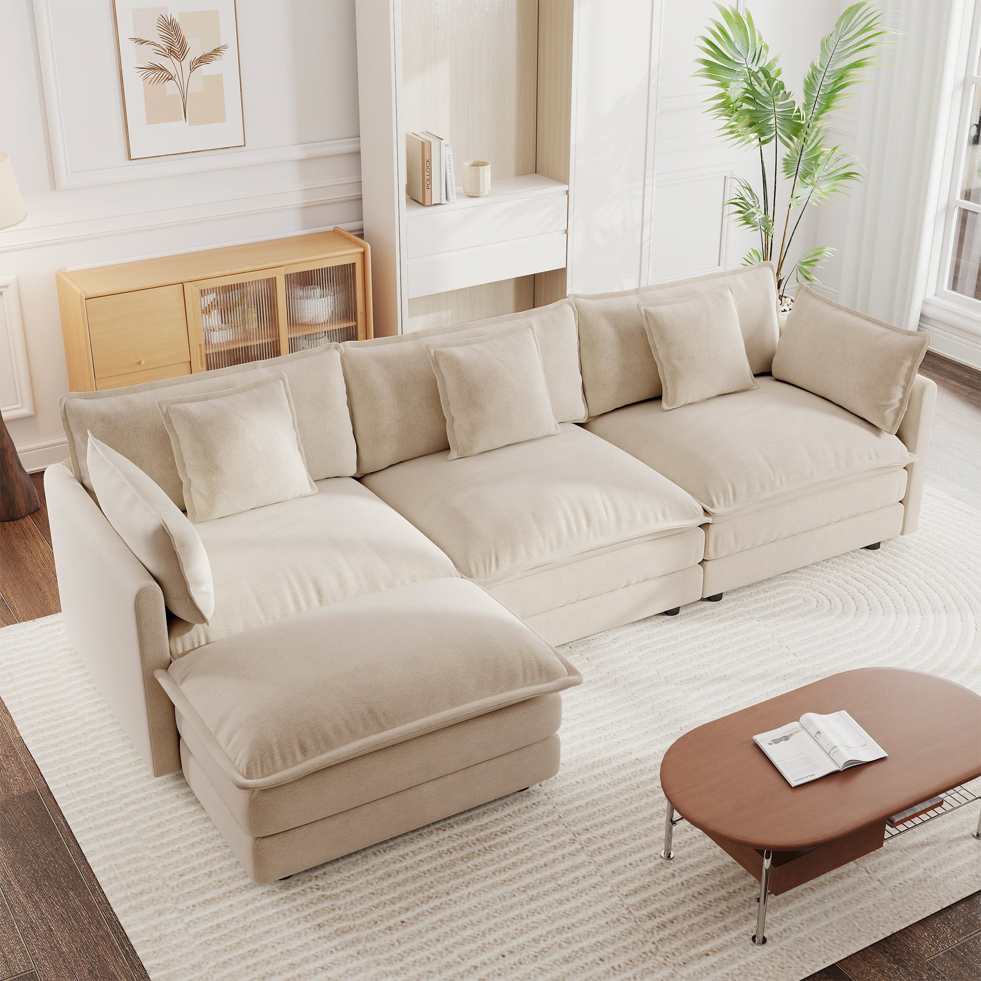 Free Combination Comfy Upholstery Modular Oversized L Shaped Sectional Sofa With Reversible Ottoman, Light Coffee Chenille