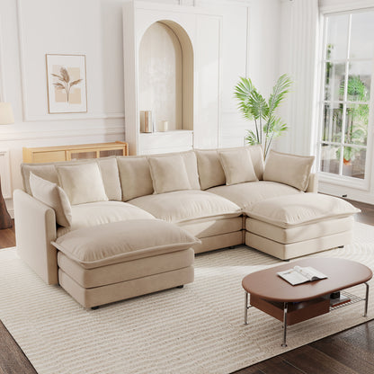 U-Shaped Sectional Sofa w/Reversible Footrest, 5-Seater Convertible Corner Couch with 2 Ottomans ,Modern Minimalist Soft Sofa & Couch for Living Room , Light Coffee Chenille