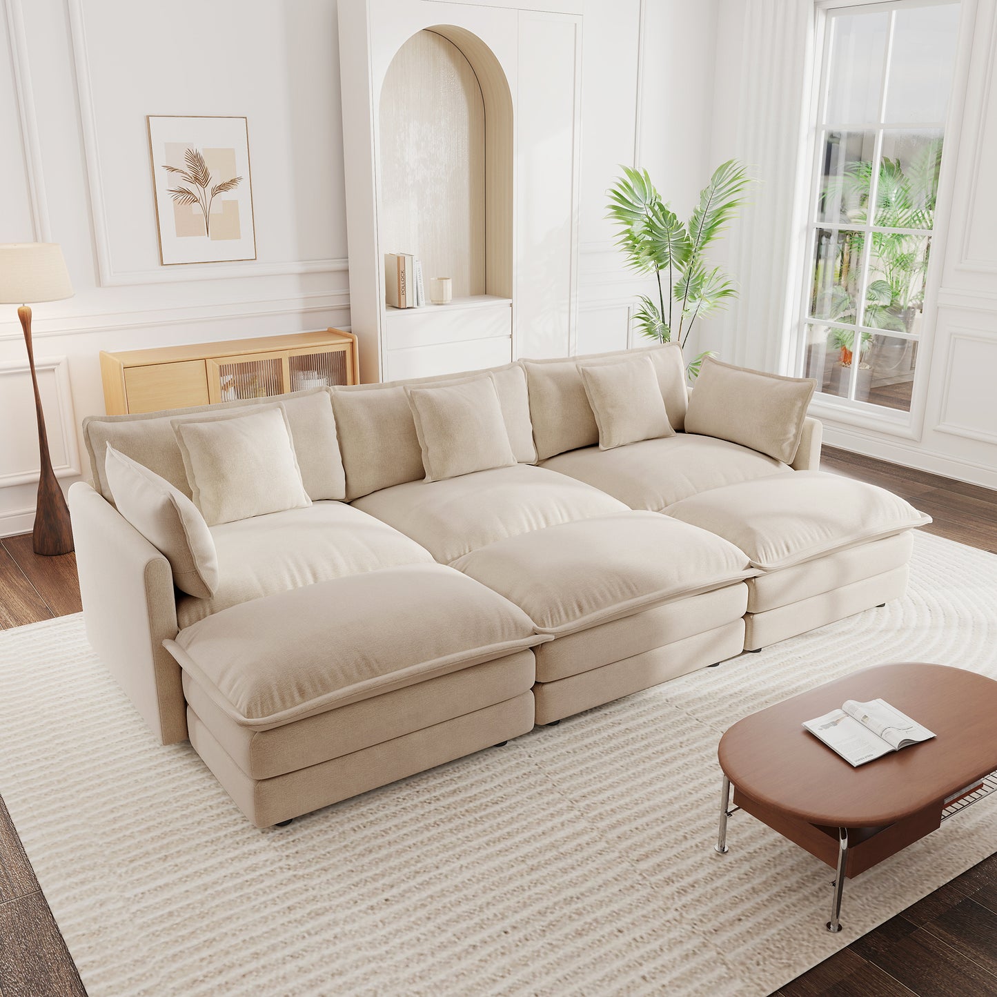 Comfortable Deep Seat Reversible Modular 3 Seater Sectional Super Soft Sofa U Shaped Sectional Couch with 3 Ottomans, 3 Toss Pillows and 2 Arm Pillows , Light Coffee Chenille