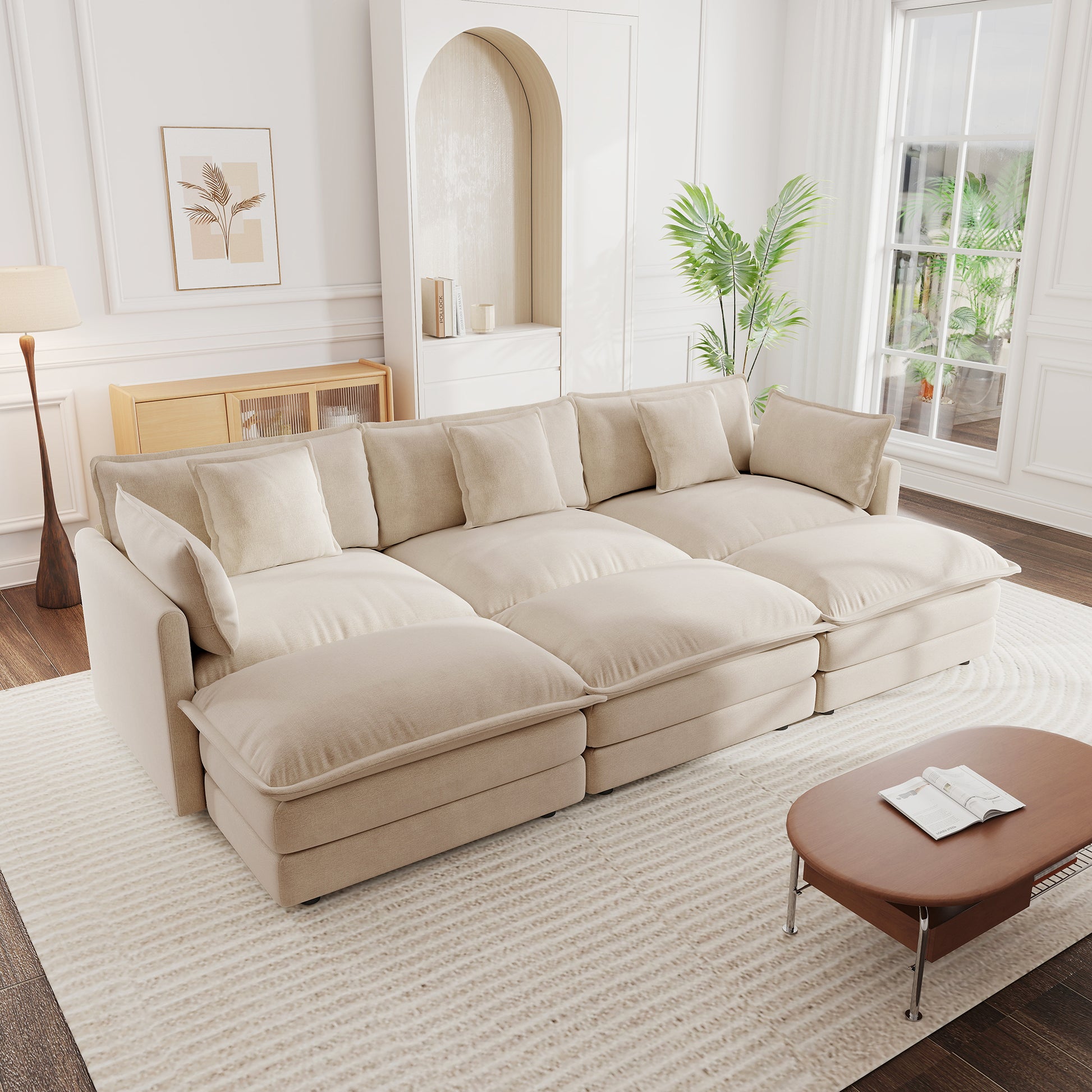 Comfortable Deep Seat Reversible Modular 3 Seater Sectional Super Soft Sofa U Shaped Sectional Couch with 3 Ottomans, 3 Toss Pillows and 2 Arm Pillows , Light Coffee Chenille