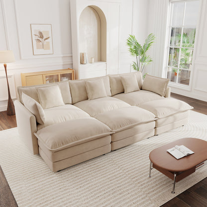 Comfortable Deep Seat Reversible Modular 3 Seater Sectional Super Soft Sofa U Shaped Sectional Couch with 3 Ottomans, 3 Toss Pillows and 2 Arm Pillows , Light Coffee Chenille