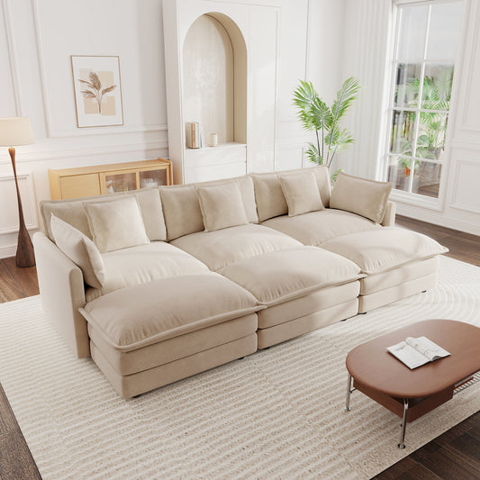 Comfortable Deep Seat Reversible Modular 3 Seater Sectional Super Soft Sofa U Shaped Sectional Couch with 3 Ottomans, 3 Toss Pillows and 2 Arm Pillows , Light Coffee Chenille