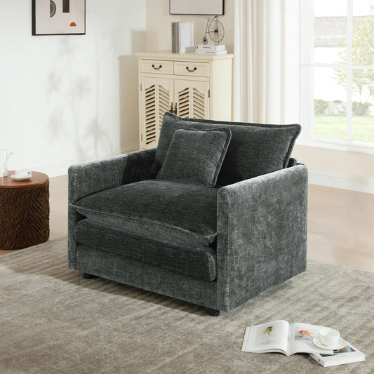 Comfy Deep Single Seat Sofa Upholstered Reading Armchair Living Room Chair Gray Chenille Fabric , 1 Toss Pillow
