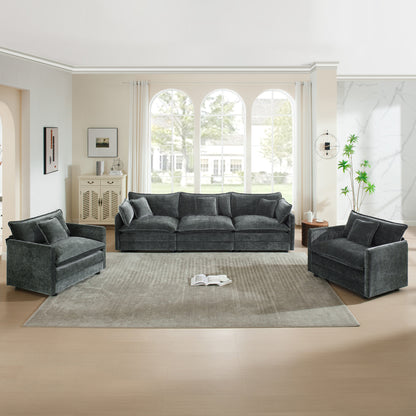 Sofa Set of 3, 1+1+3 Seats Living Room Sofa Set, Accent Chair, Loveseat, and Three-Seat Sofa Modern Style Round Arms 3 Piece Sofa Set, Gray Chenille