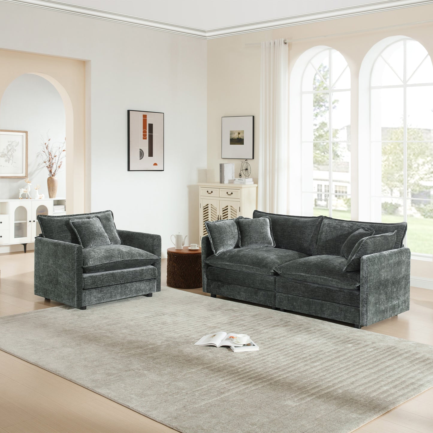 2 Seater Loveseat and Chair Set, 2 Piece Sofa & Chair Set, Loveseat and Accent Chair , 2-Piece Upholstered Chenille Sofa Living Room Couch Furniture(1+2 Seat ) ,Gray Chenille