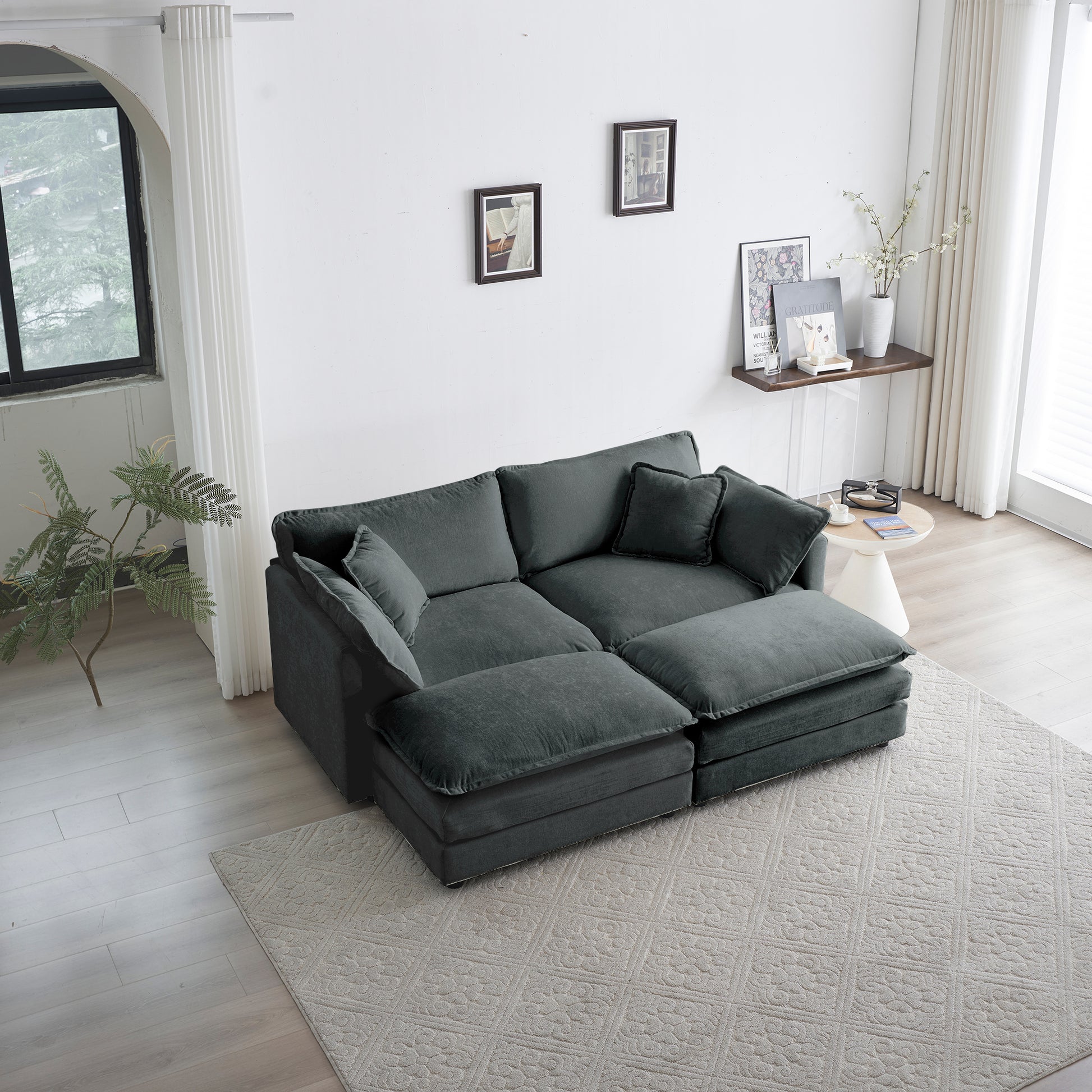 4 - Piece Upholstered Sectional Sofa, 1 - Piece of 2 Seater Sofa and 2- Piece of Ottomans , 2 Seater Loveseat Lounge with Ottomans , Gray Chenille