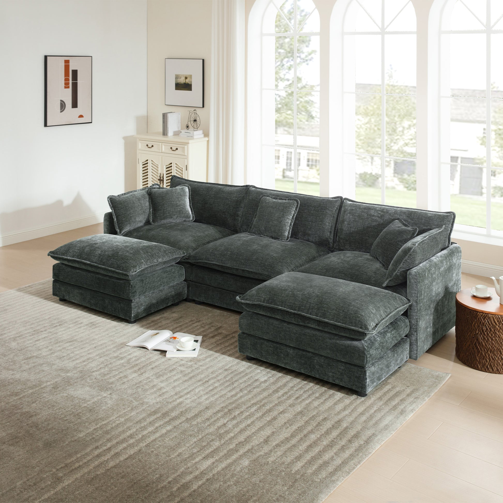 U-Shaped Sectional Sofa w/Reversible Footrest, 3-Seater Convertible Corner Couch with 2 Ottomans ,Modern Minimalist Soft Sofa & Couch for Living Room ,Gray Chenille