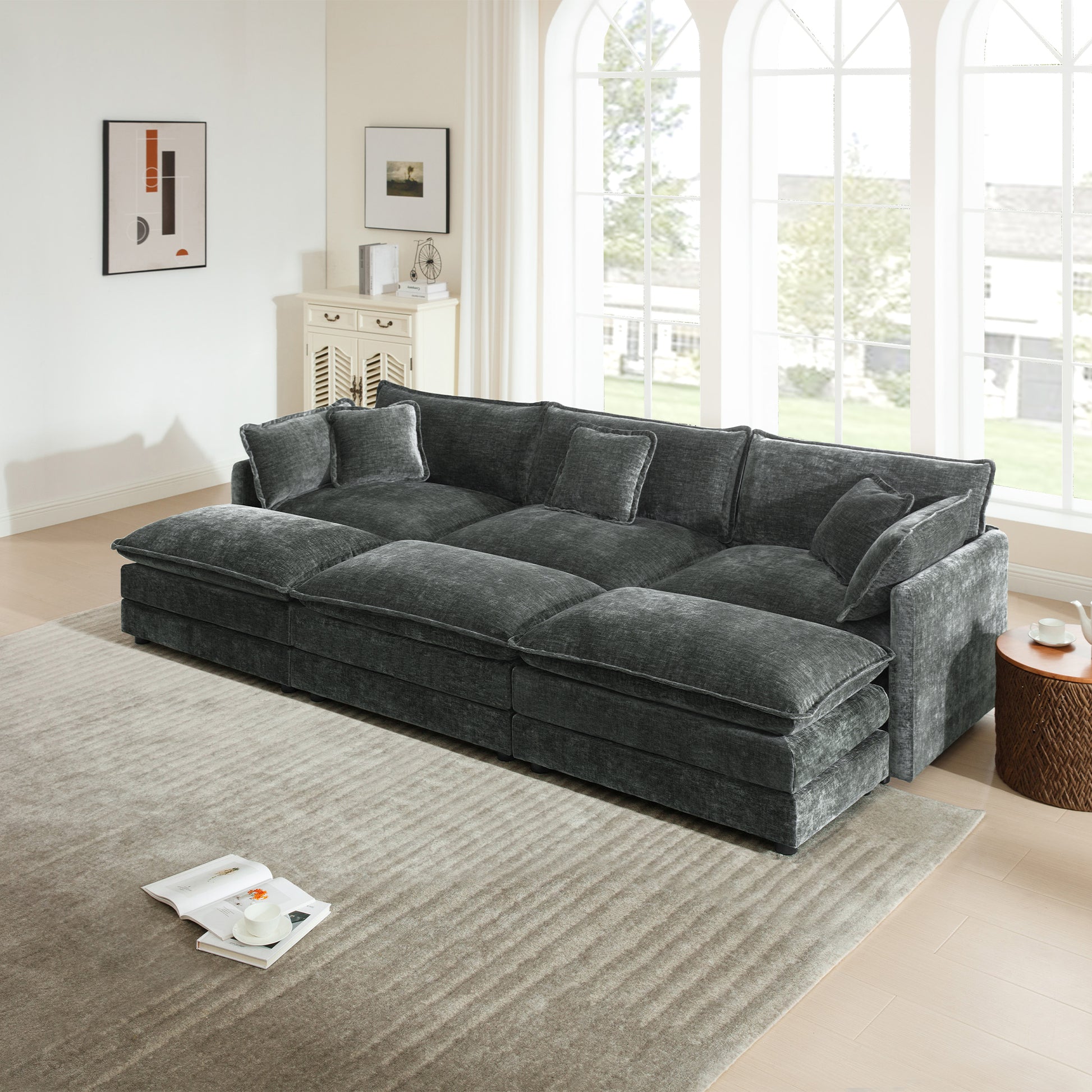 Comfortable Deep Seat Reversible Modular 3 Seater Sectional Super Soft Sofa U Shaped Sectional Couch with 3 Ottomans, 3 Toss Pillows and 2 Arm Pillows