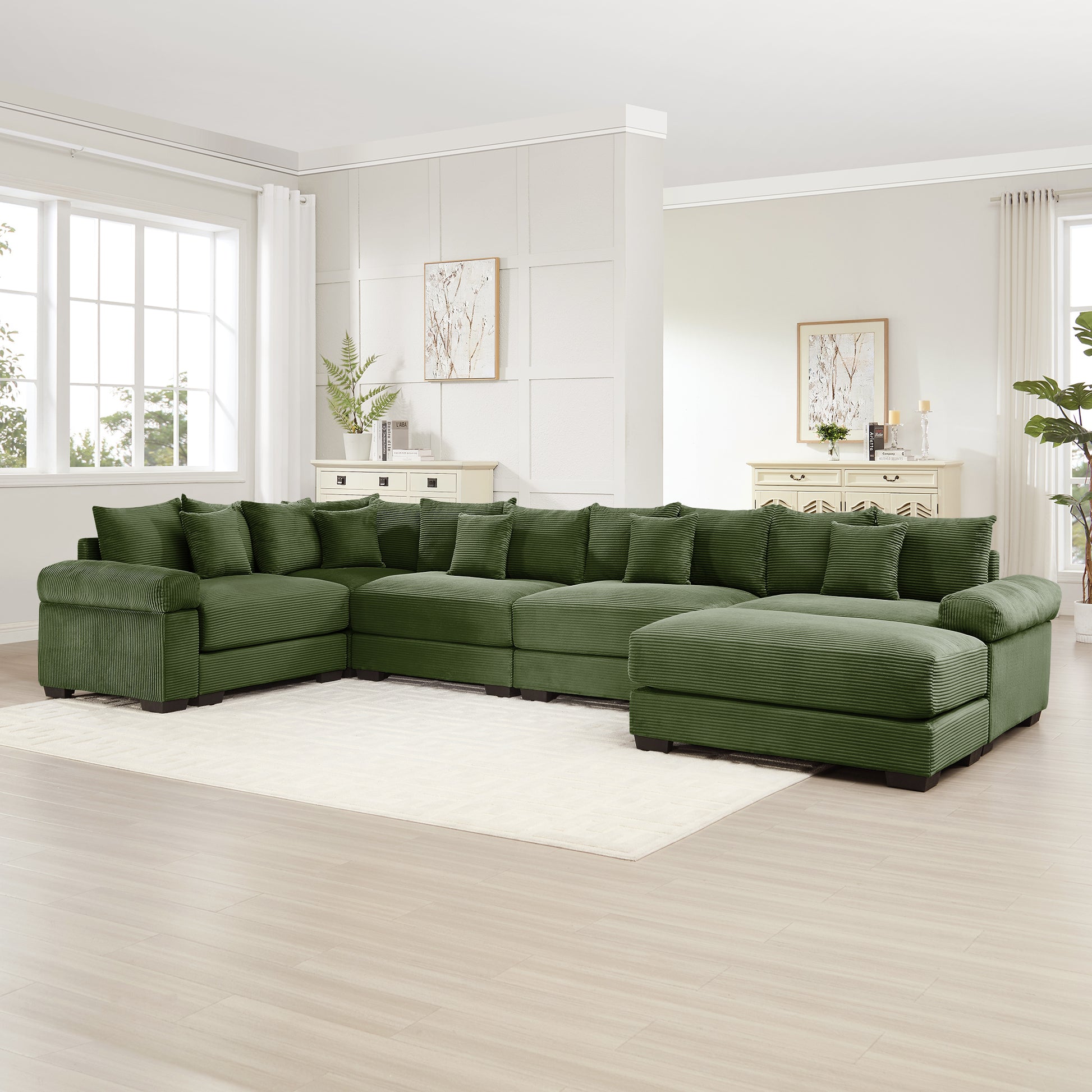 Five Seat Corduroy Green Sofa - Oversized Sectional
