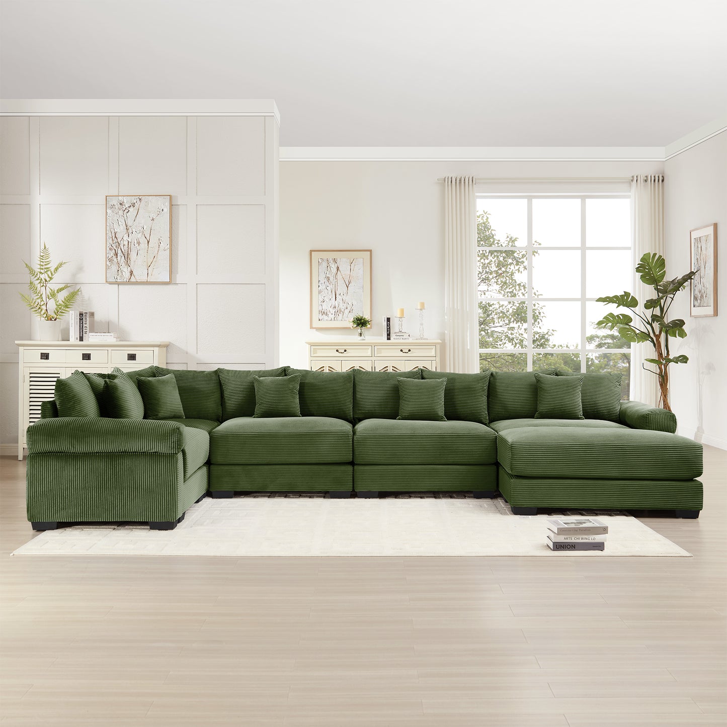 Five Seat Corduroy Green Sofa - Oversized Sectional