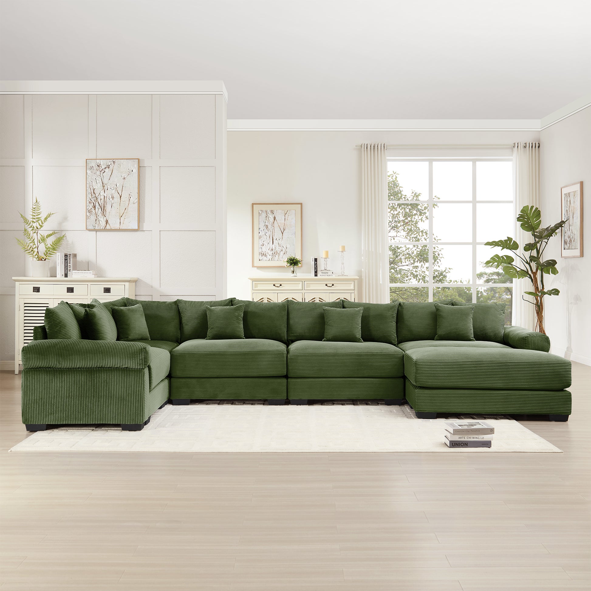 Five Seat Corduroy Green Sofa - Oversized Sectional