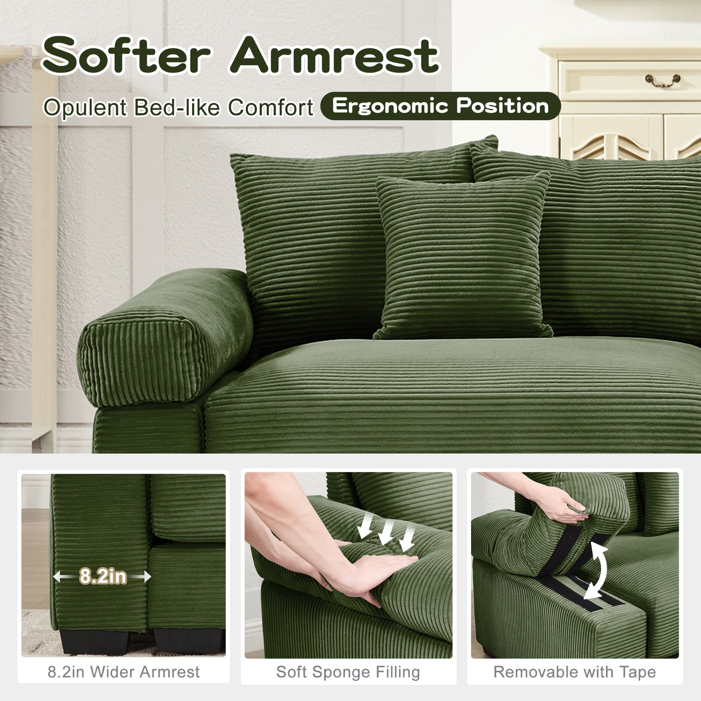 Five Seat Corduroy Green Sofa - Oversized Sectional