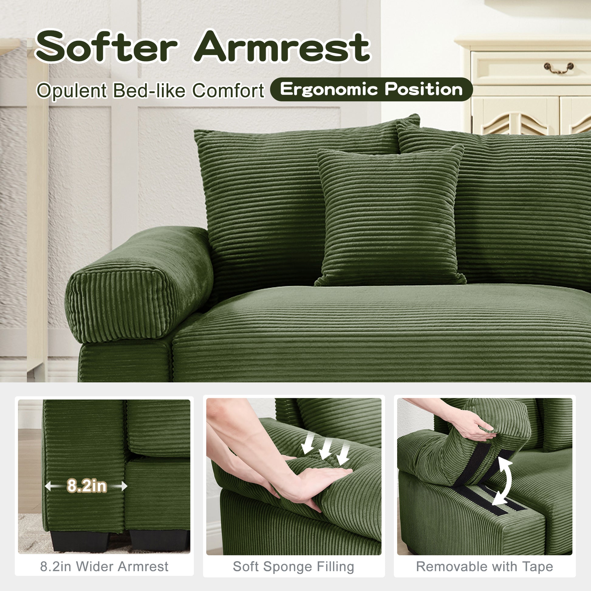 Five Seat Corduroy Green Sofa - Oversized Sectional