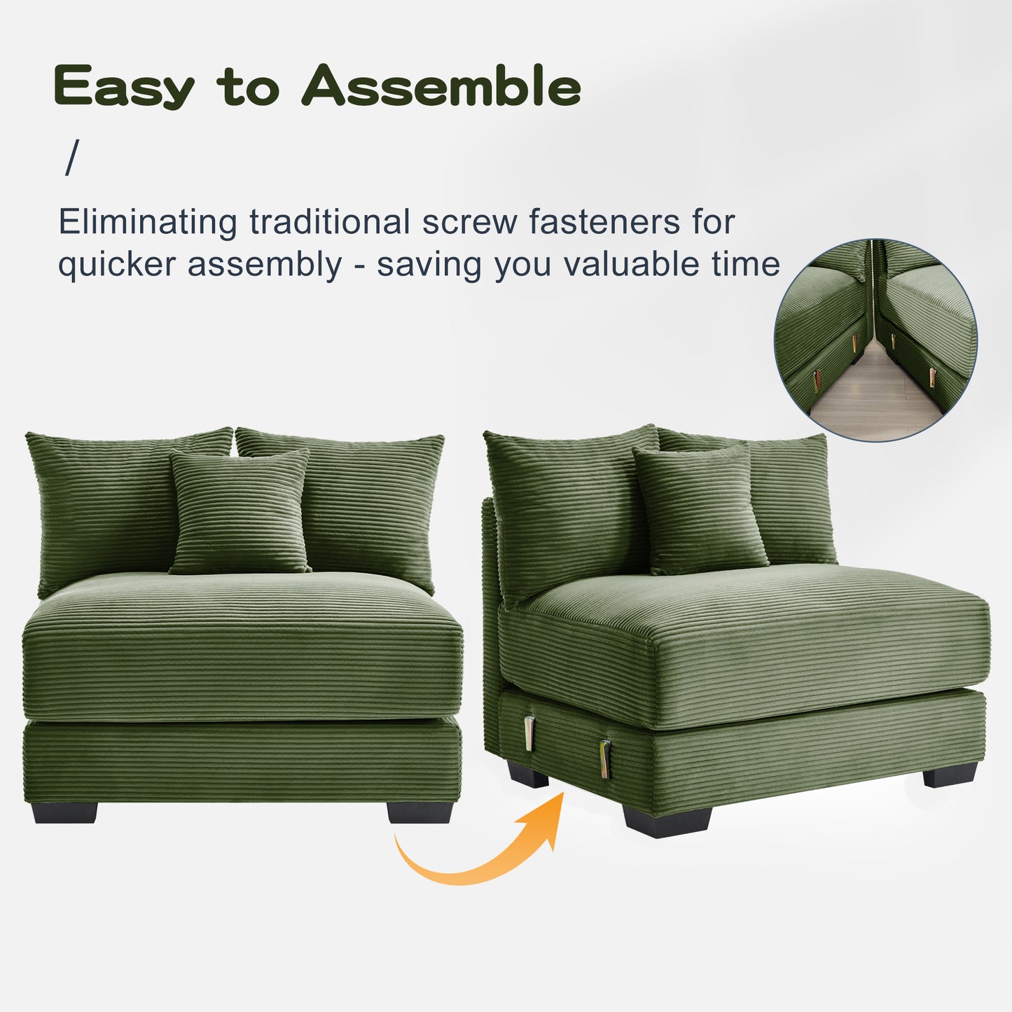 Five Seat Corduroy Green Sofa - Oversized Sectional