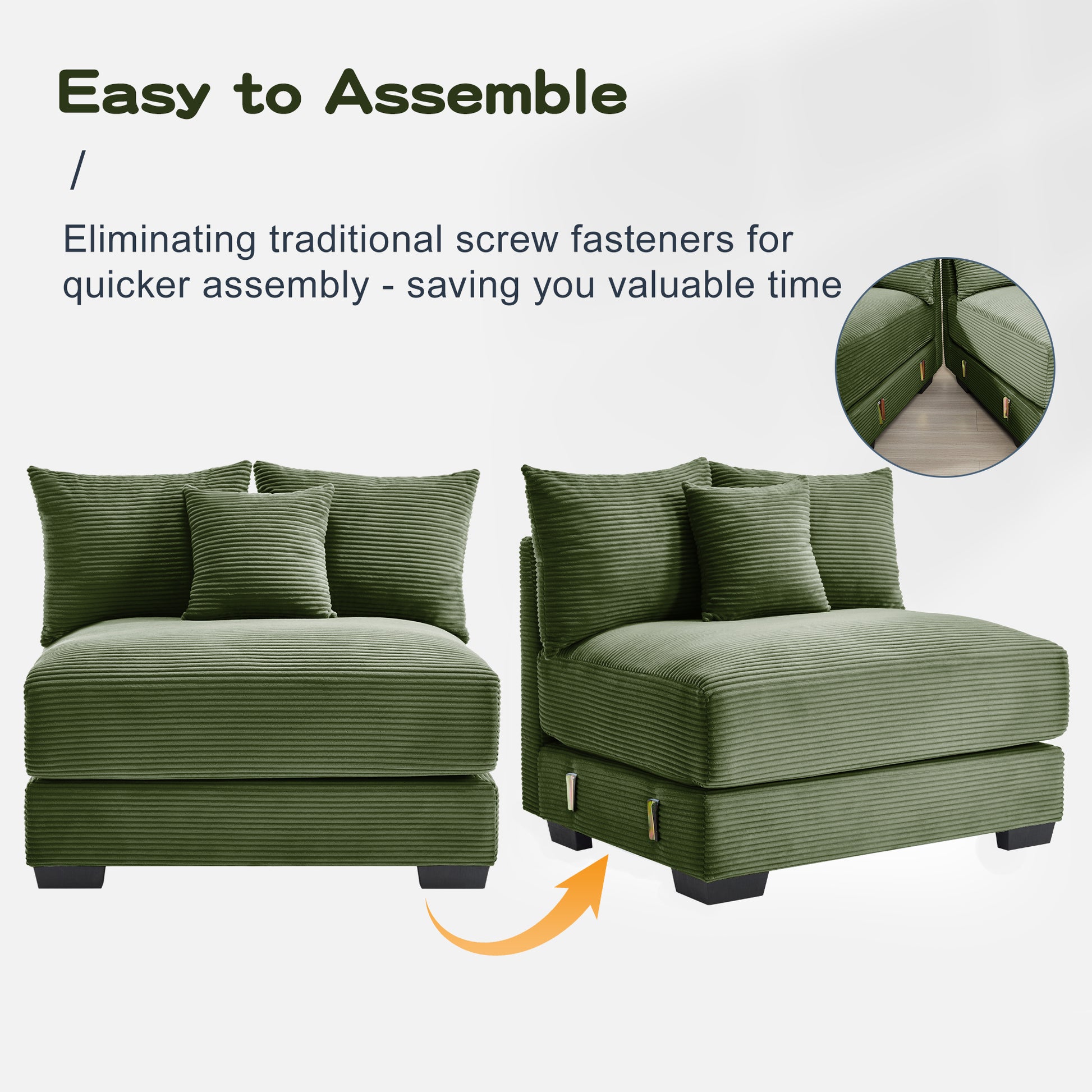 Five Seat Corduroy Green Sofa - Oversized Sectional