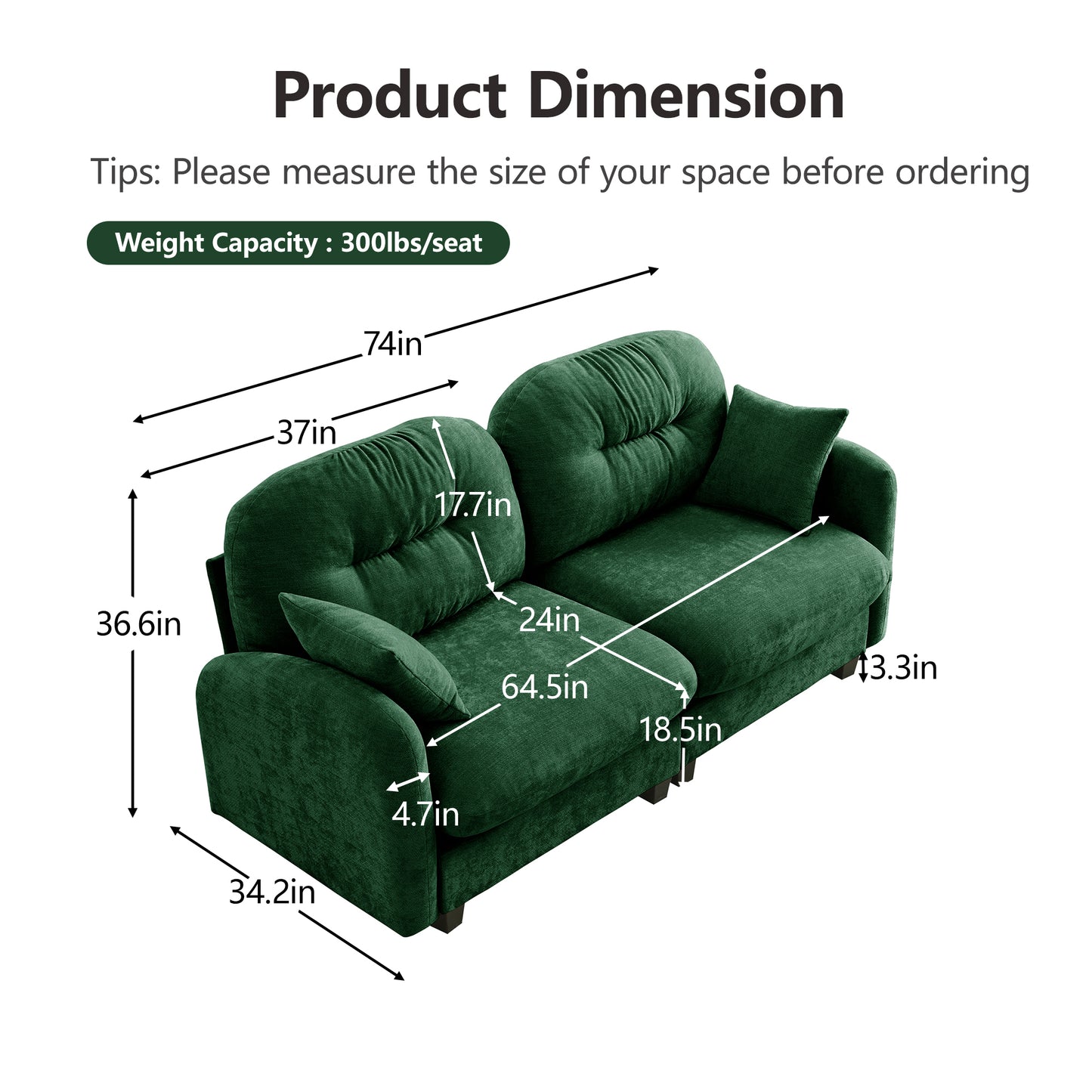2 Seat Green Chenille Modular Sofa - Ergonomic Sectional
