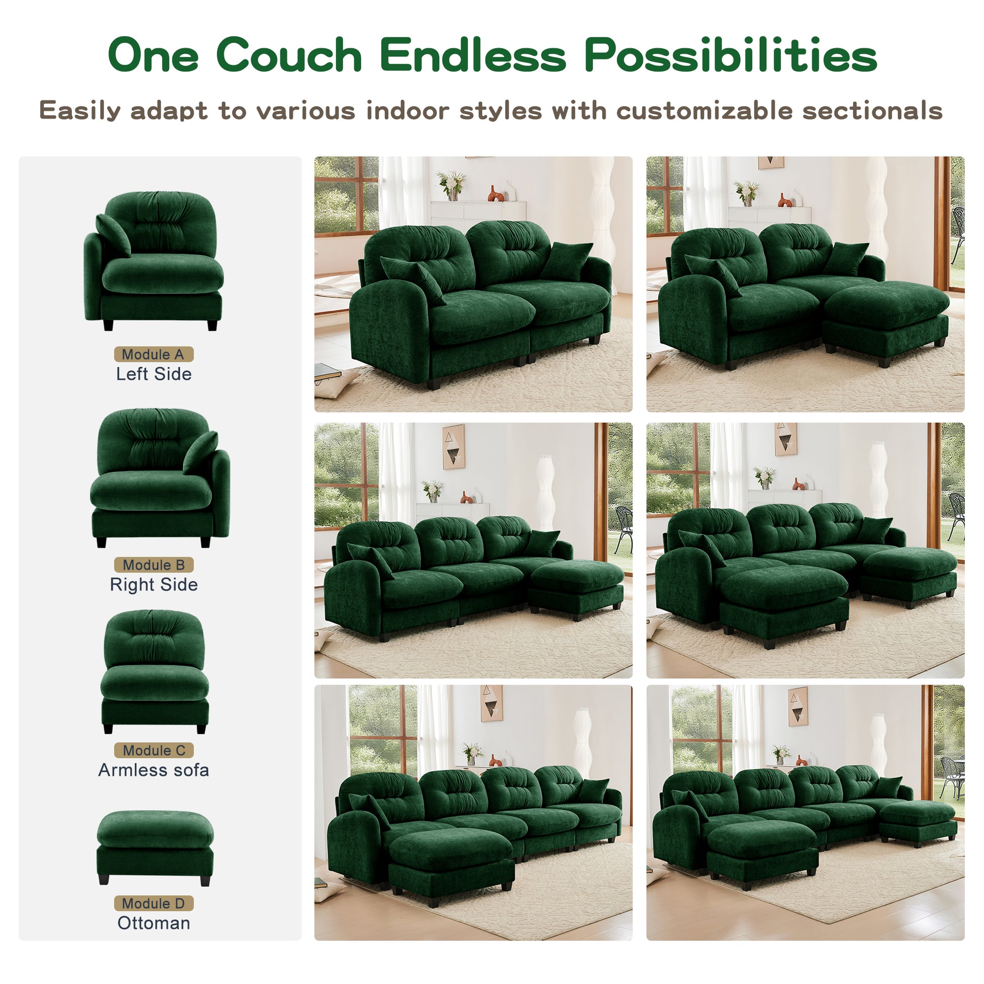 2 Seat Green Chenille Modular Sofa - Ergonomic Sectional