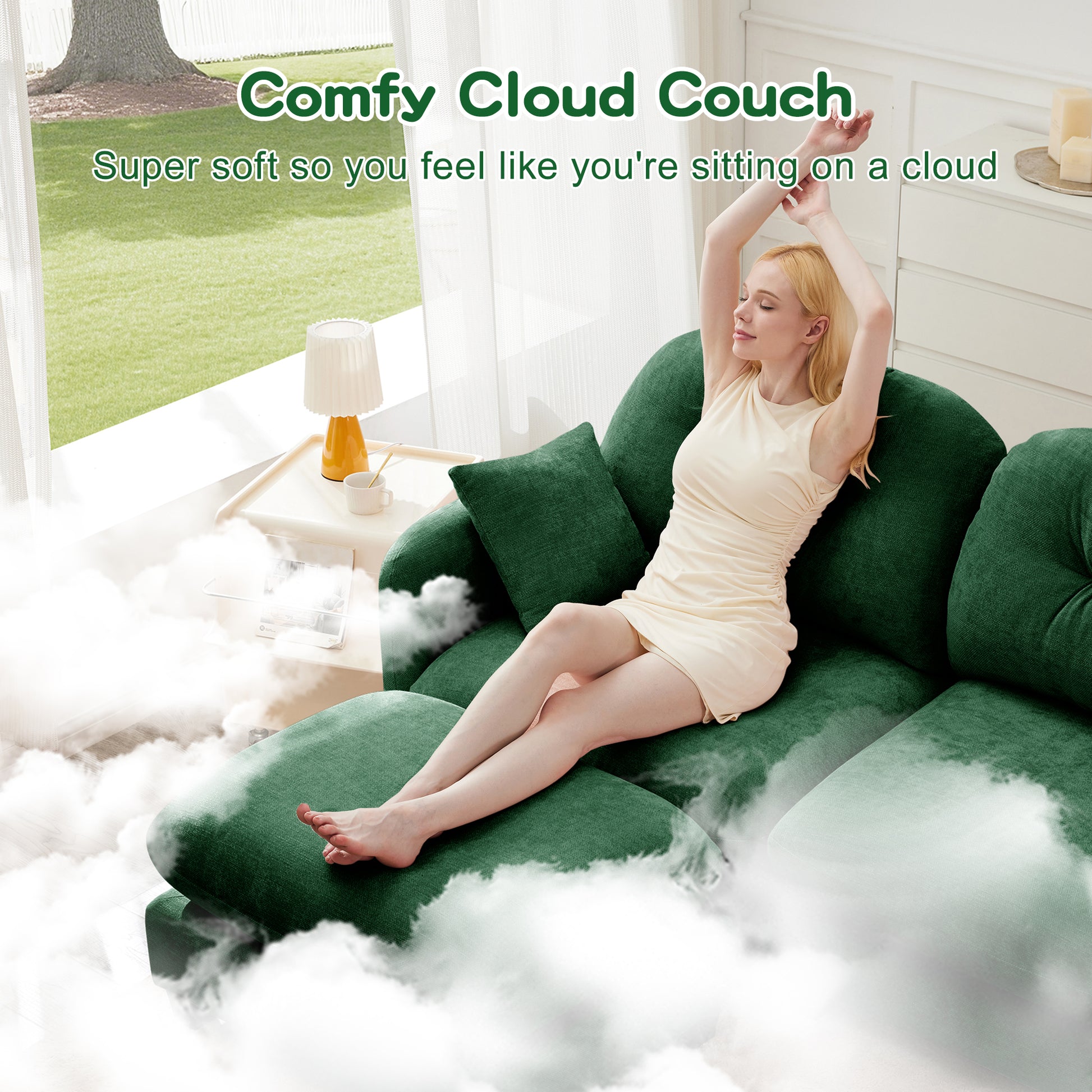 2 Seat Green Chenille Modular Sofa - Ergonomic Sectional