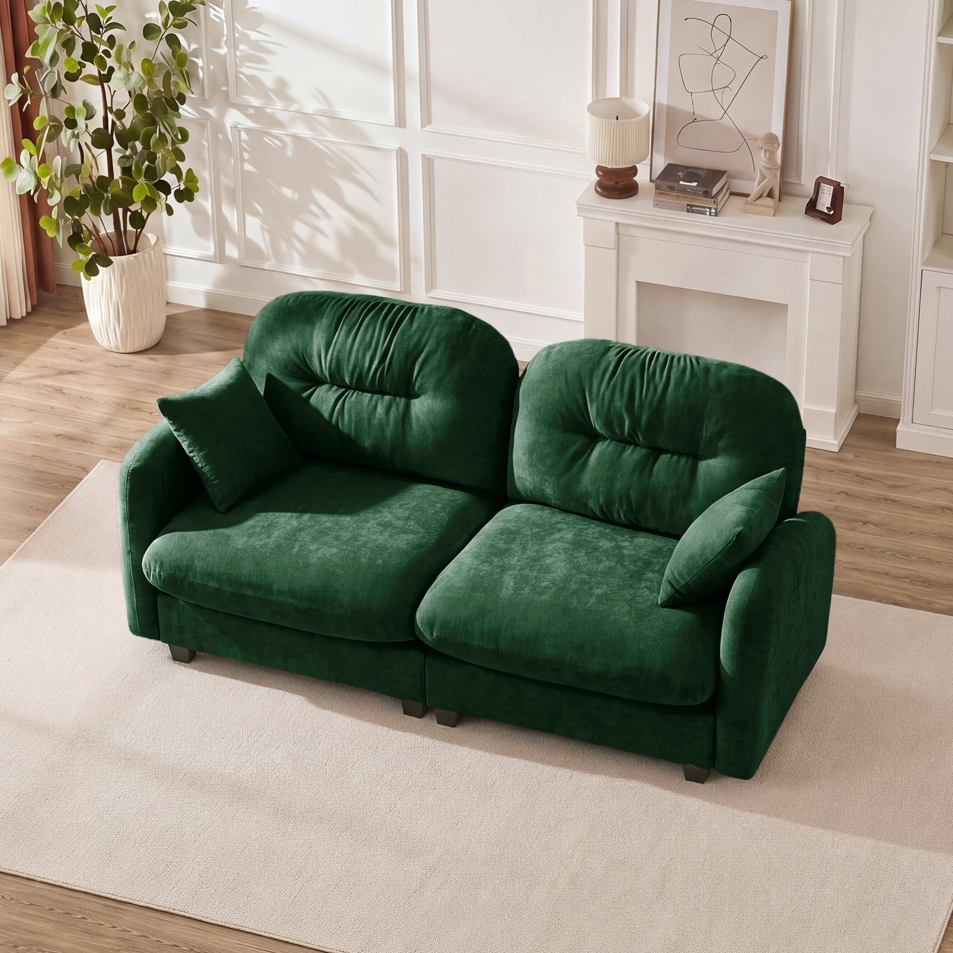 Loveseat Cloud Sectional Couches Chenille Fabric, Quilted Pleated Design,Ergonomic Design,High-Density Foam Easy Install Elegant Armrests High Quality Wooden Base,Fits Living Rooms,Green