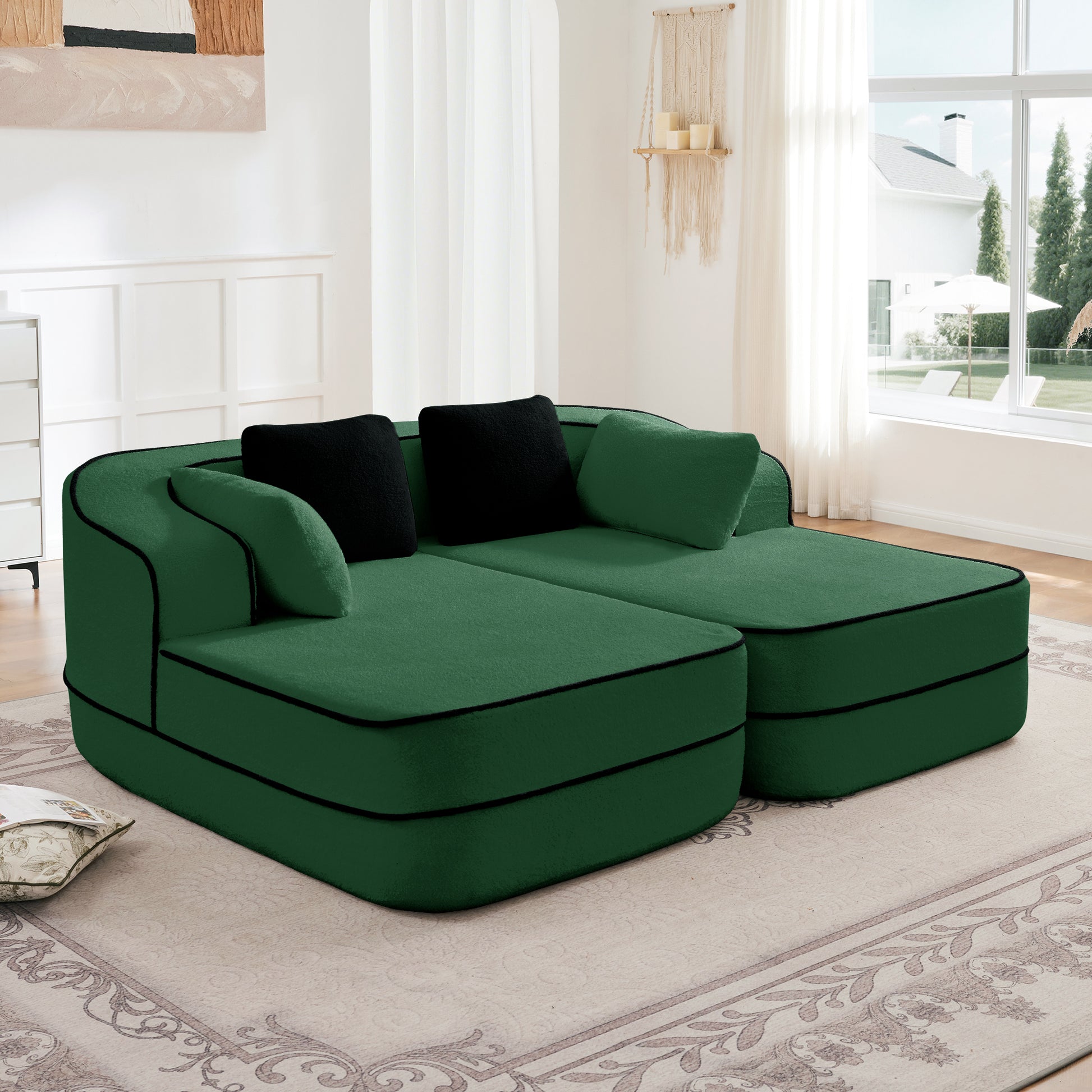 77.2" Teddy Fabric No Assembly  32D High Density sponge Boneless Sofa,Fluffy Comfy Couch with double Chaises,Sleeper sofa,Contrast color design,Symmetrical aesthetics,for Living Room,Green