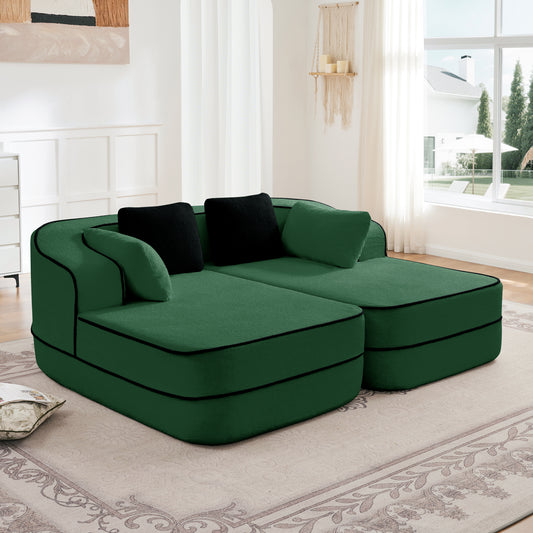 77.2" Teddy Fabric No Assembly  32D High Density sponge Boneless Sofa,Fluffy Comfy Couch with double Chaises,Sleeper sofa,Contrast color design,Symmetrical aesthetics,for Living Room,Green